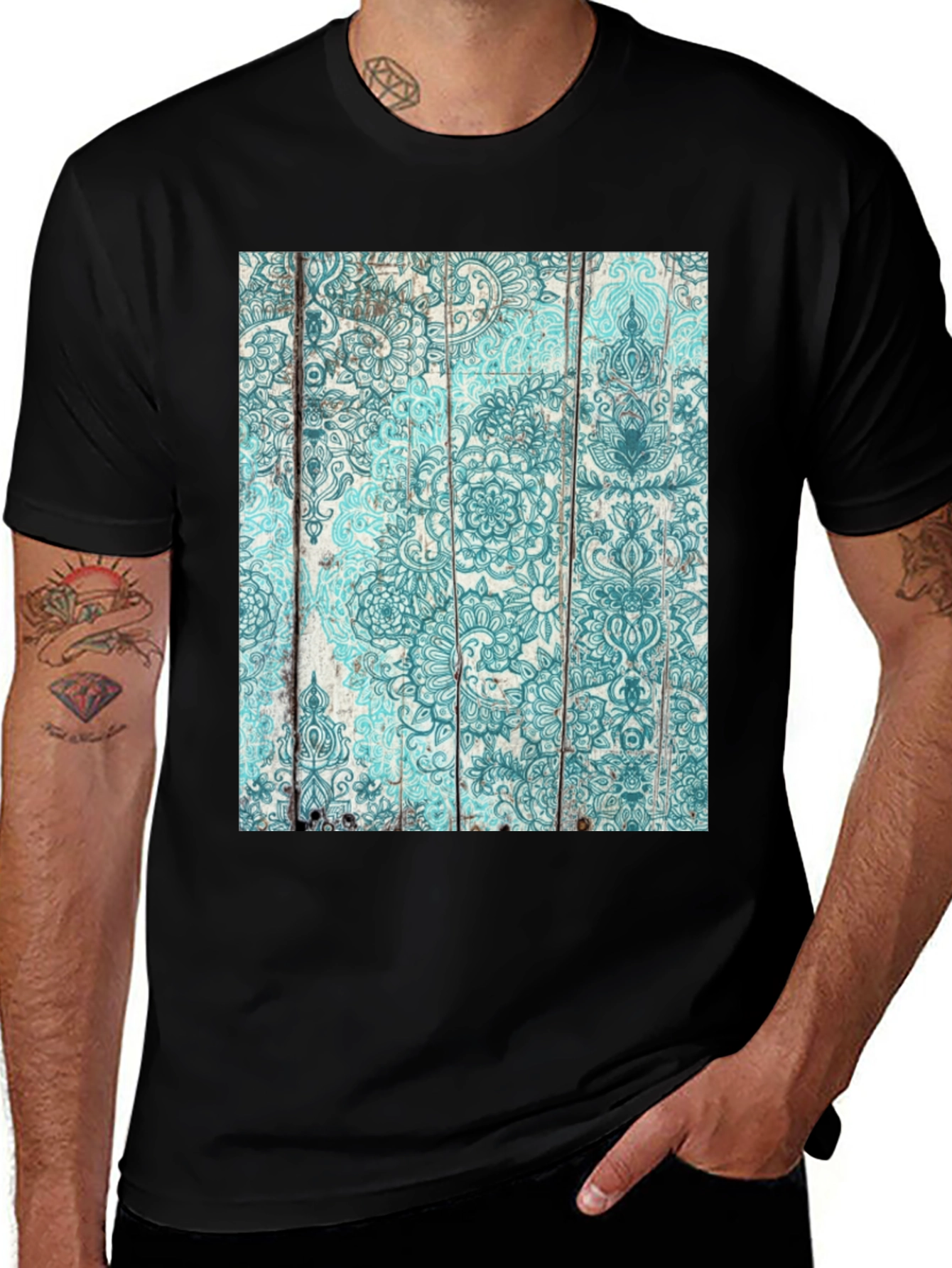 Teal Patterned Wood Grain Graphic Tee