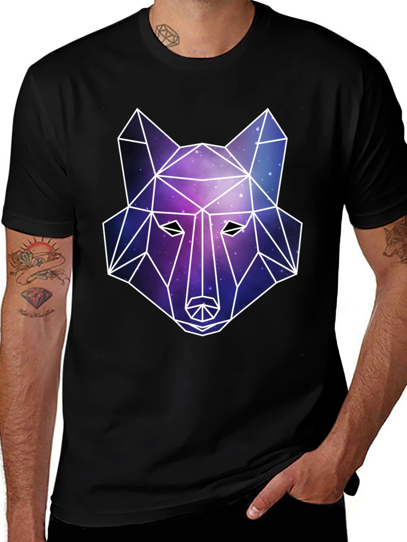 Variant 16 of Geometric Galaxy Wolf Graphic Tee - Modern Men's Black T-Shirt