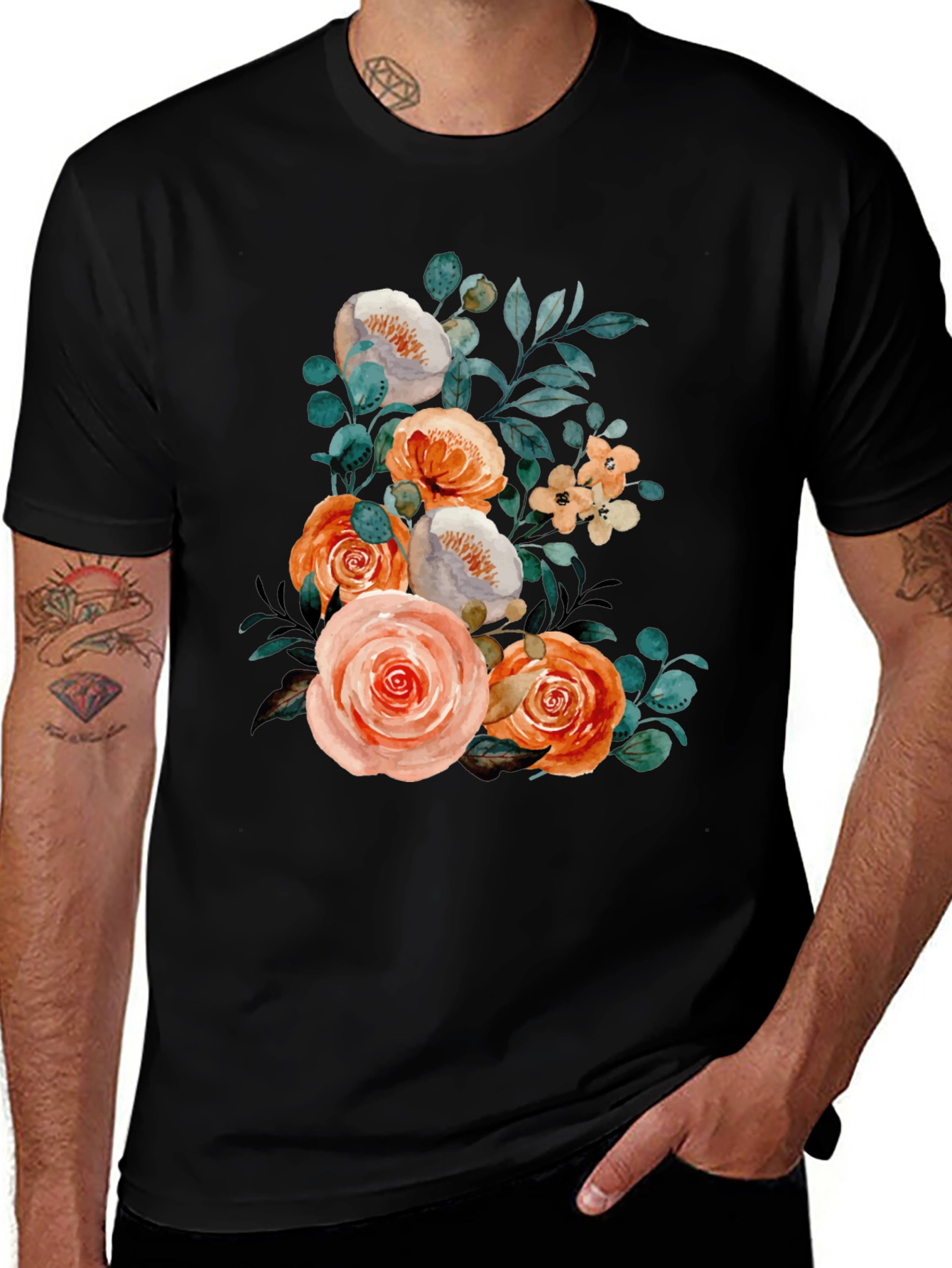 Variant 24 of Floral Bouquet Graphic Tee - Trendy Black T-Shirt
