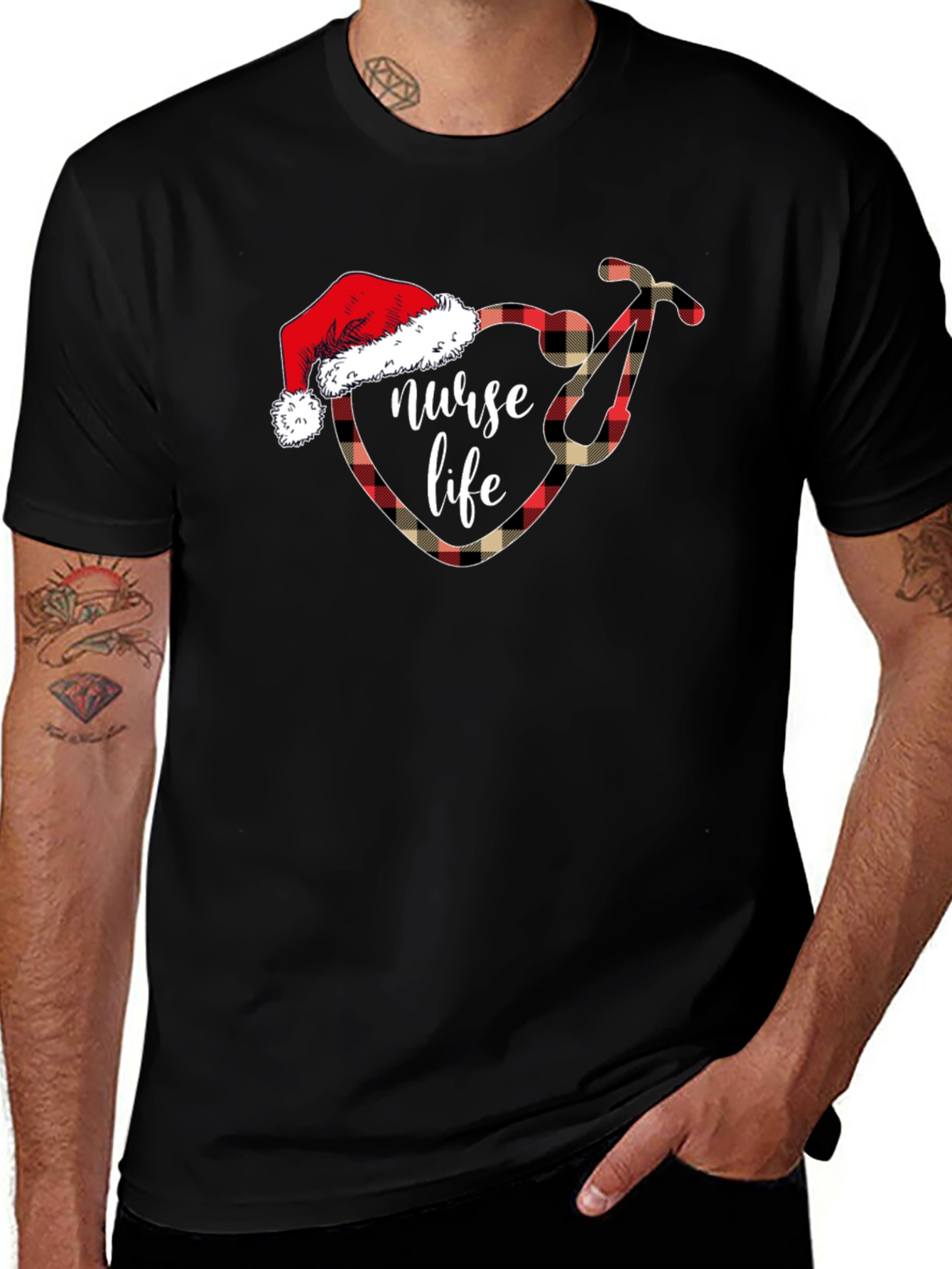 Black Nurse Life Christmas Plaid Stethoscope T-Shirt main image