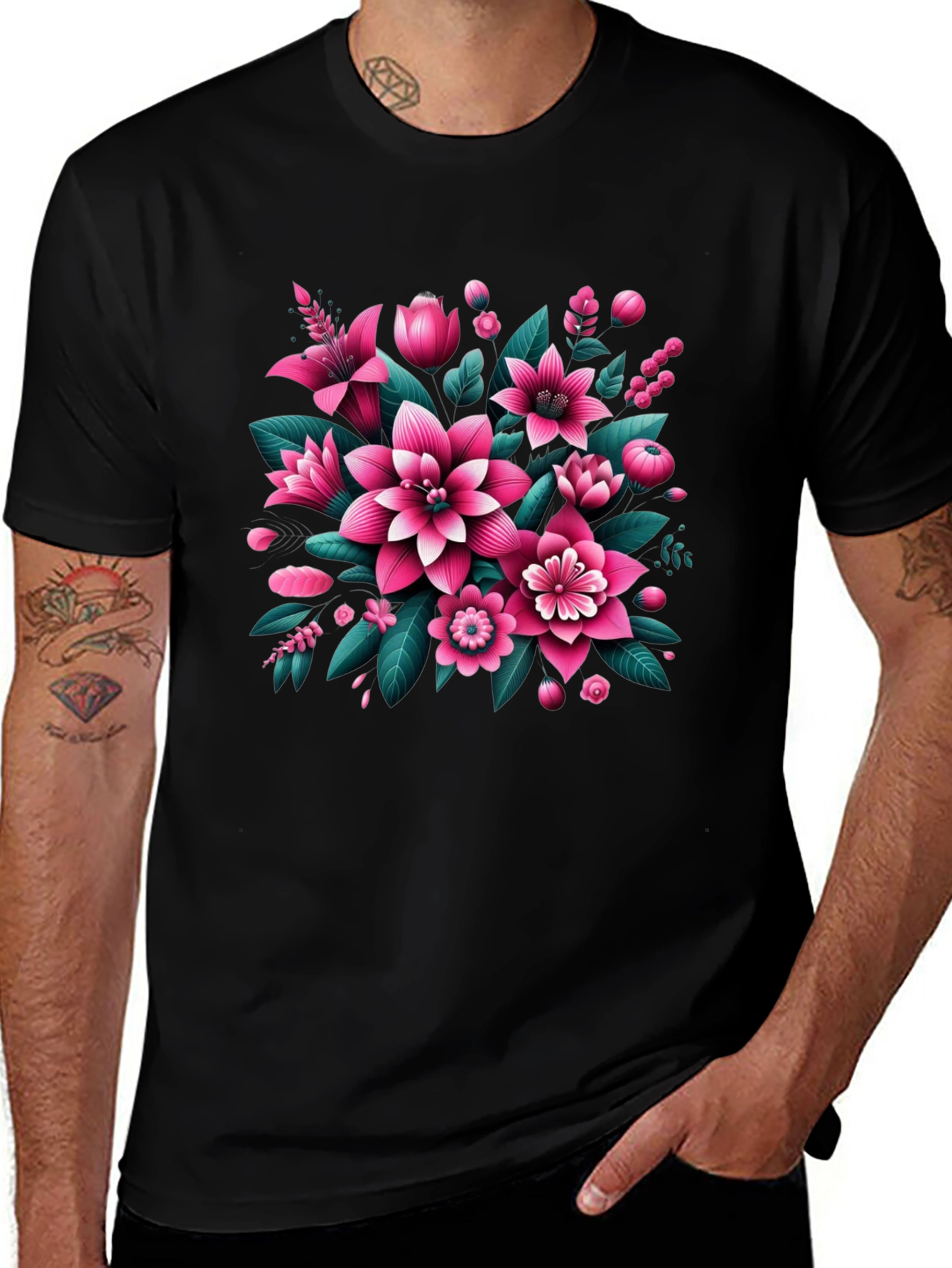 Variant 27 of Floral Print Men's Black T-Shirt