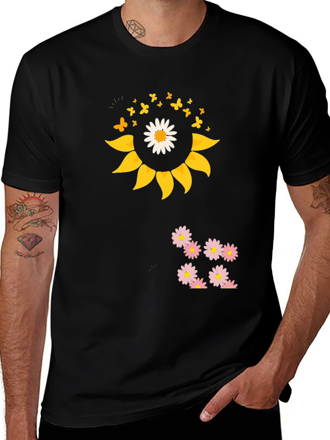 Variant 7 of Sunflower Daisy Graphic Tee - Black Casual T-Shirt