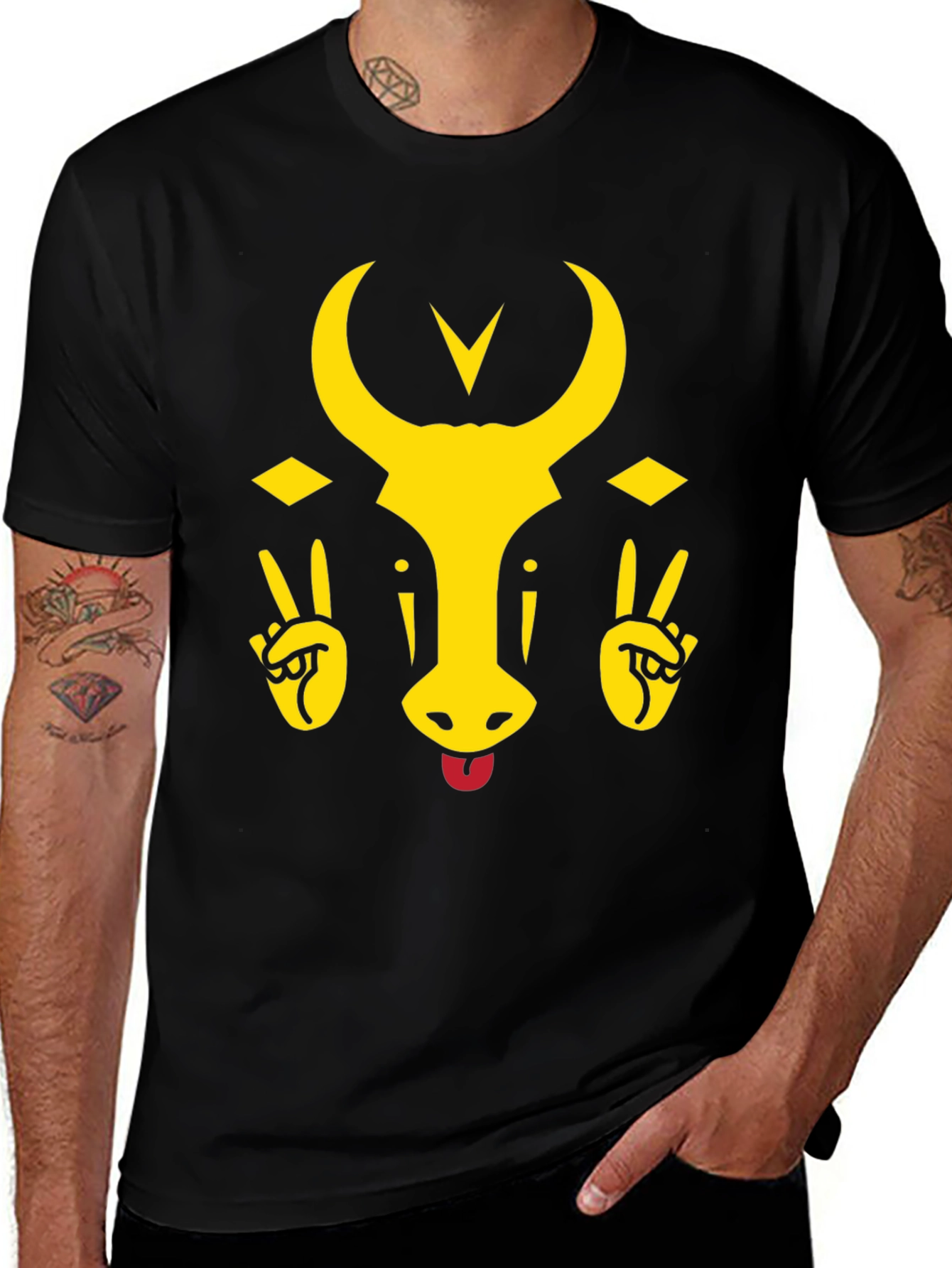Variant 21 of Funny Bull Tongue Out Graphic T-Shirt - Black