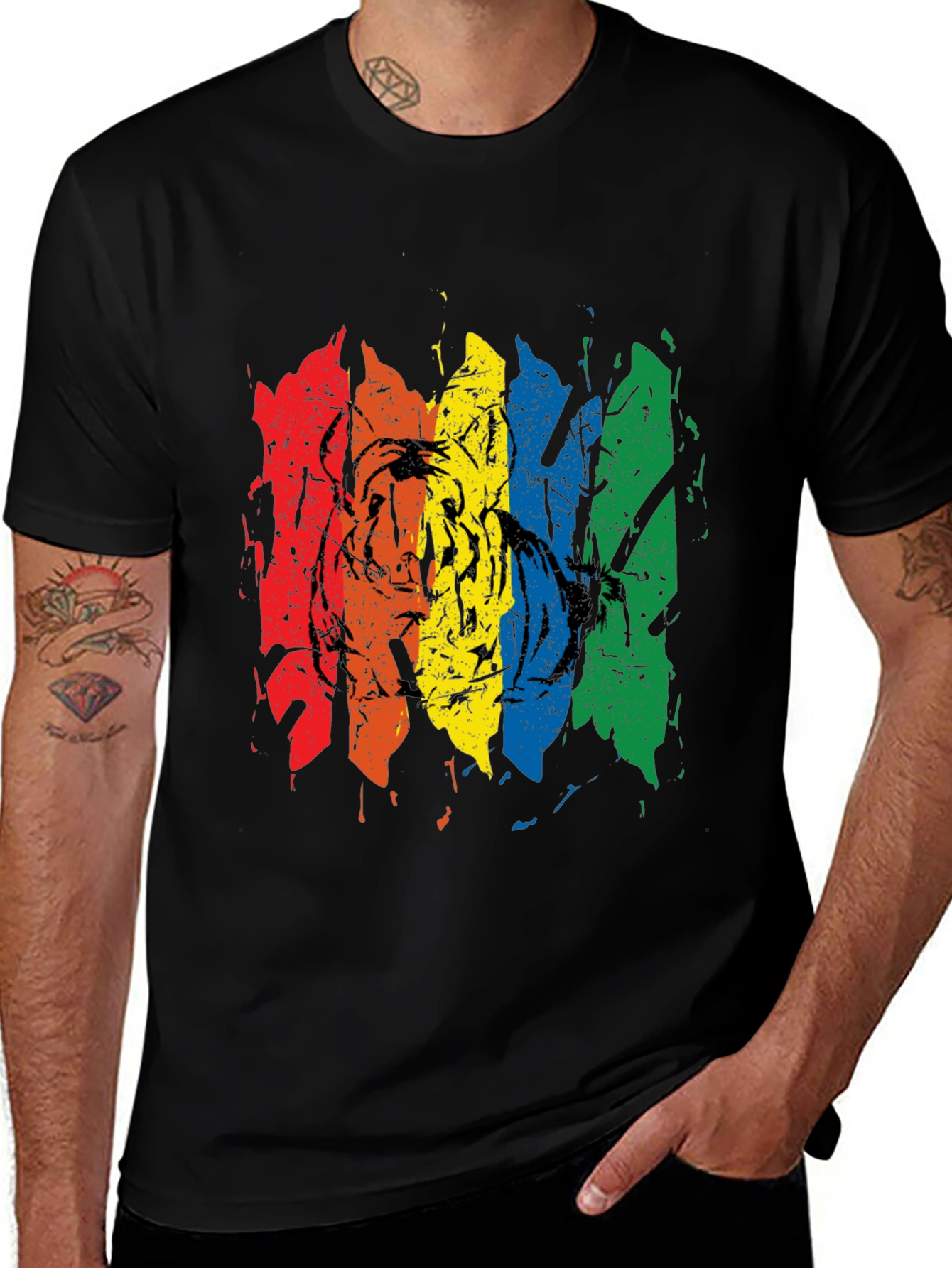 Variant 17 of Rainbow Tiger Graphic Tee - Black Cotton T-Shirt