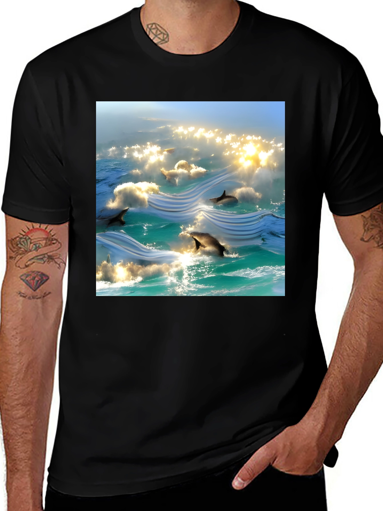 Variant 13 of Ocean Dolphins T-Shirt - Black Cotton Tee