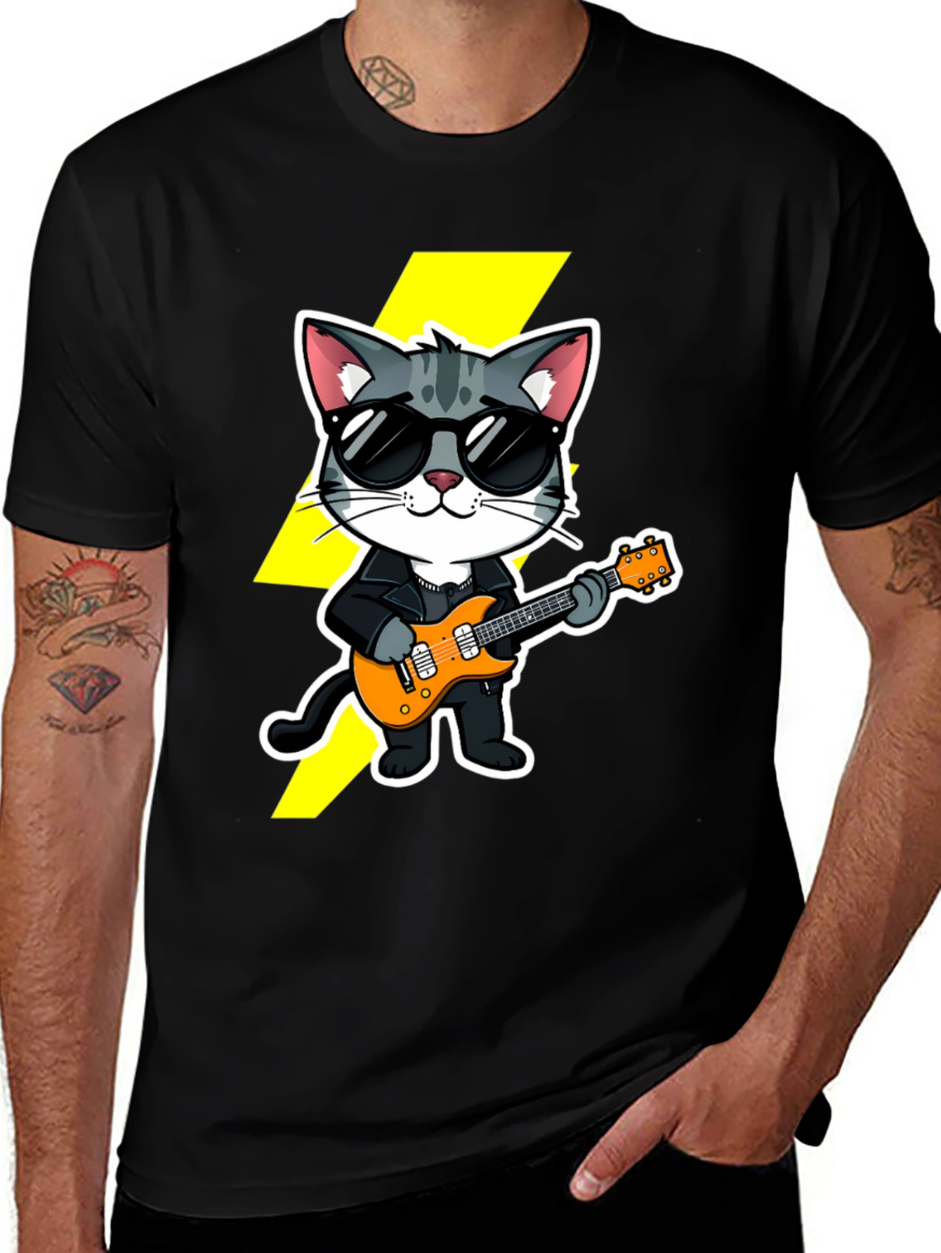 Black Rockstar Cat T-Shirt - Cool Cat with Guitar main image