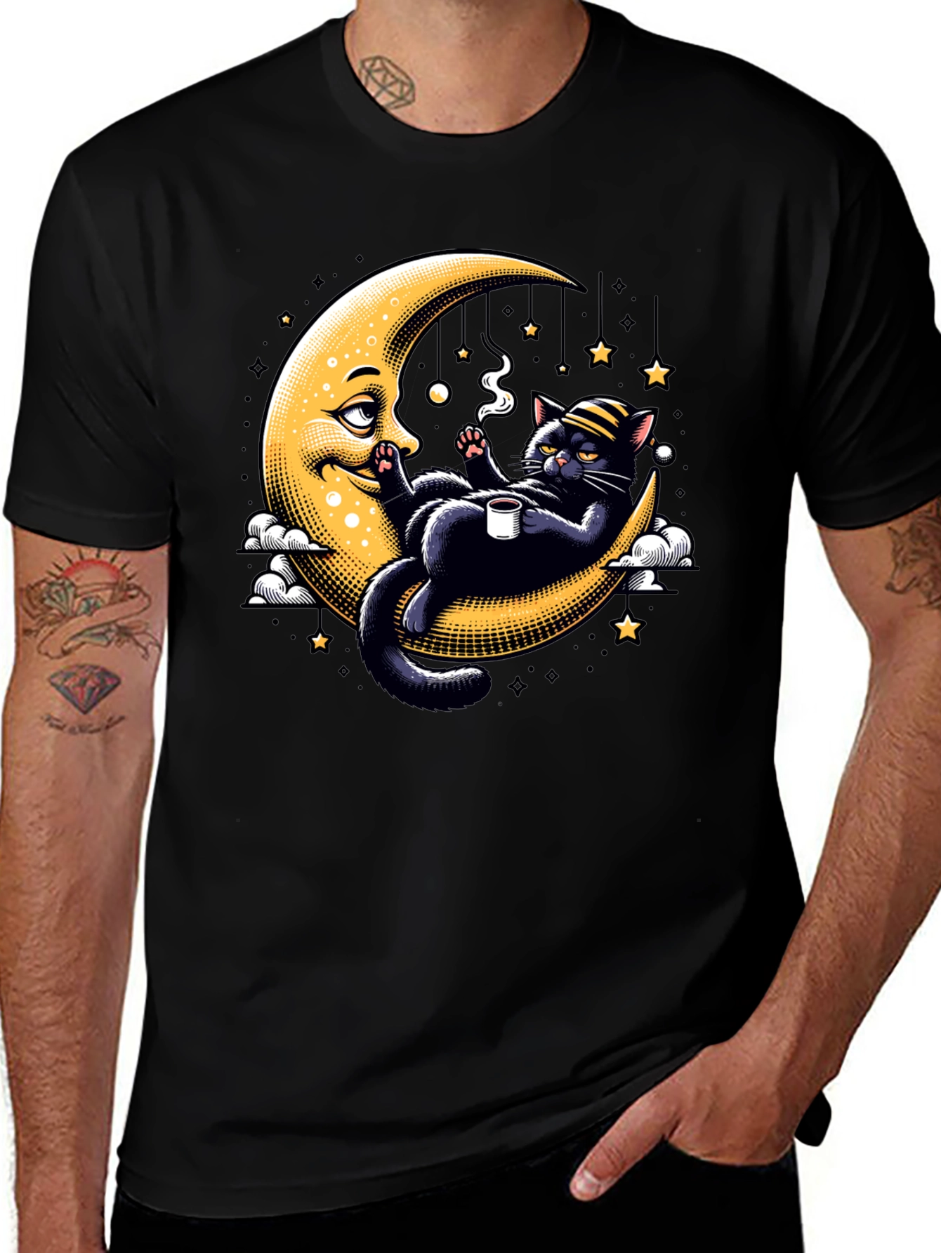 Black Cool Cat on Moon T-Shirt main image