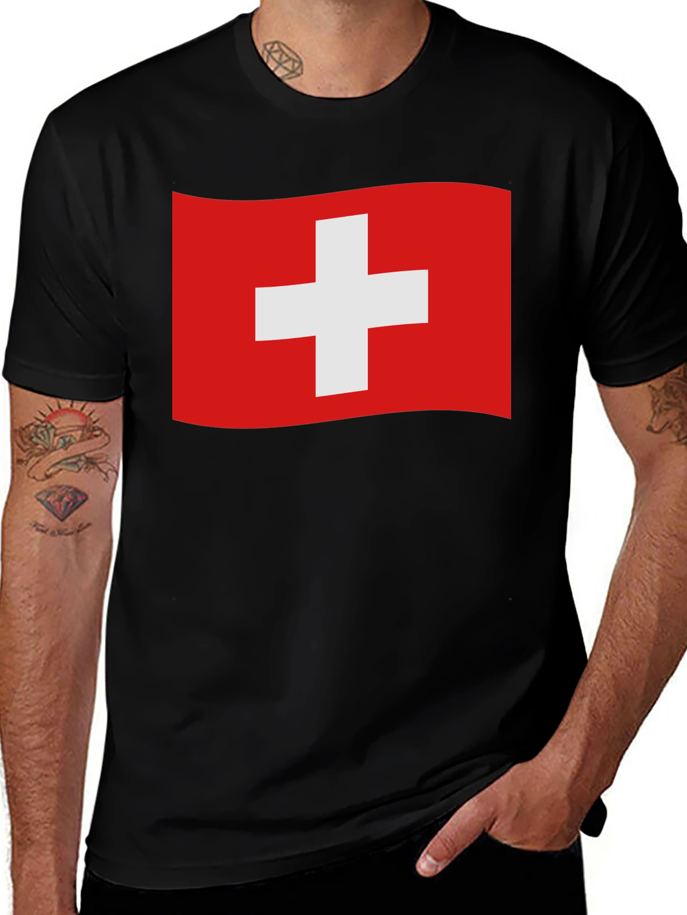 Swiss Flag T-Shirt - Black Cotton Blend Tee