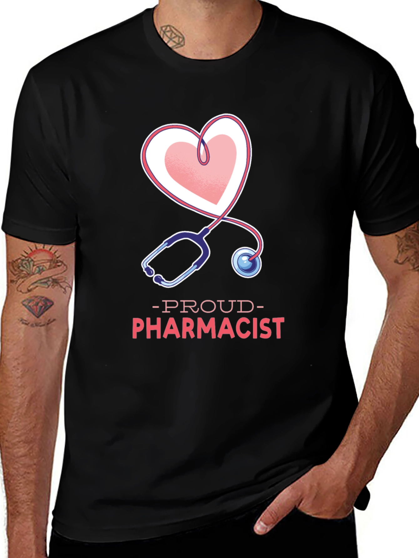 Black Proud Pharmacist Heart Stethoscope T-Shirt main image