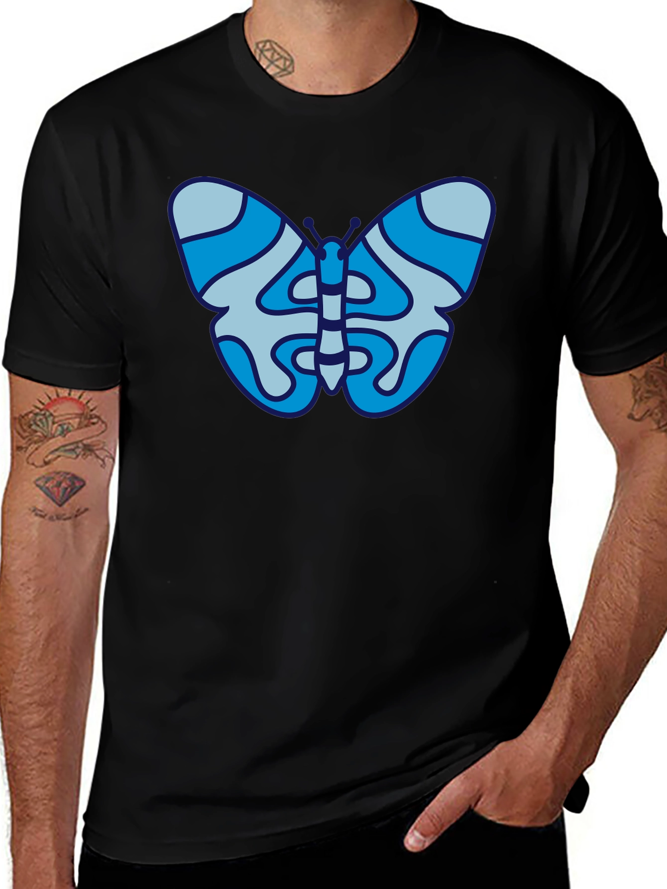 Variant 28 of Blue Butterfly Graphic Black T-Shirt