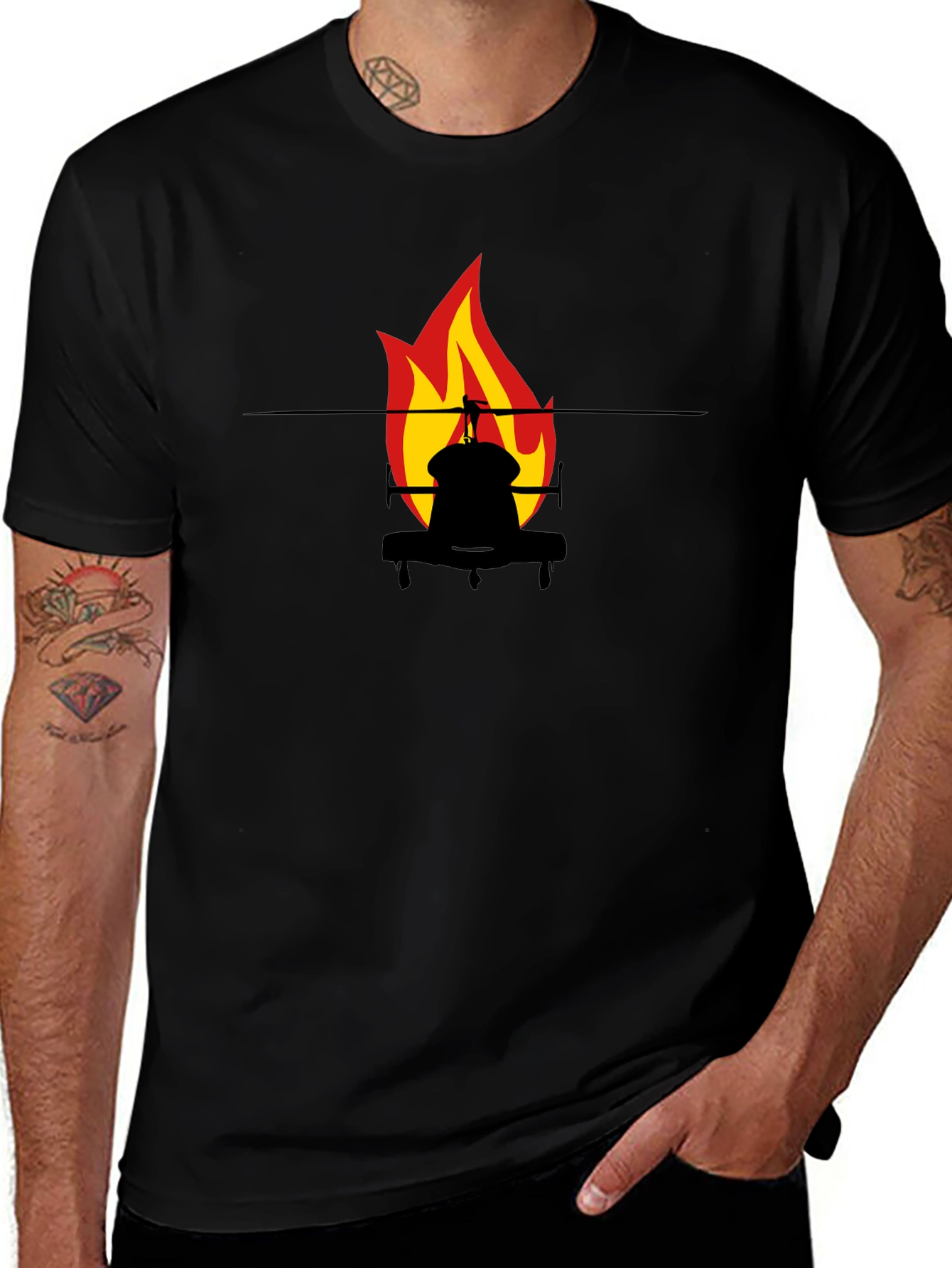 Fiery Helicopter Graphic Tee - Black Cotton