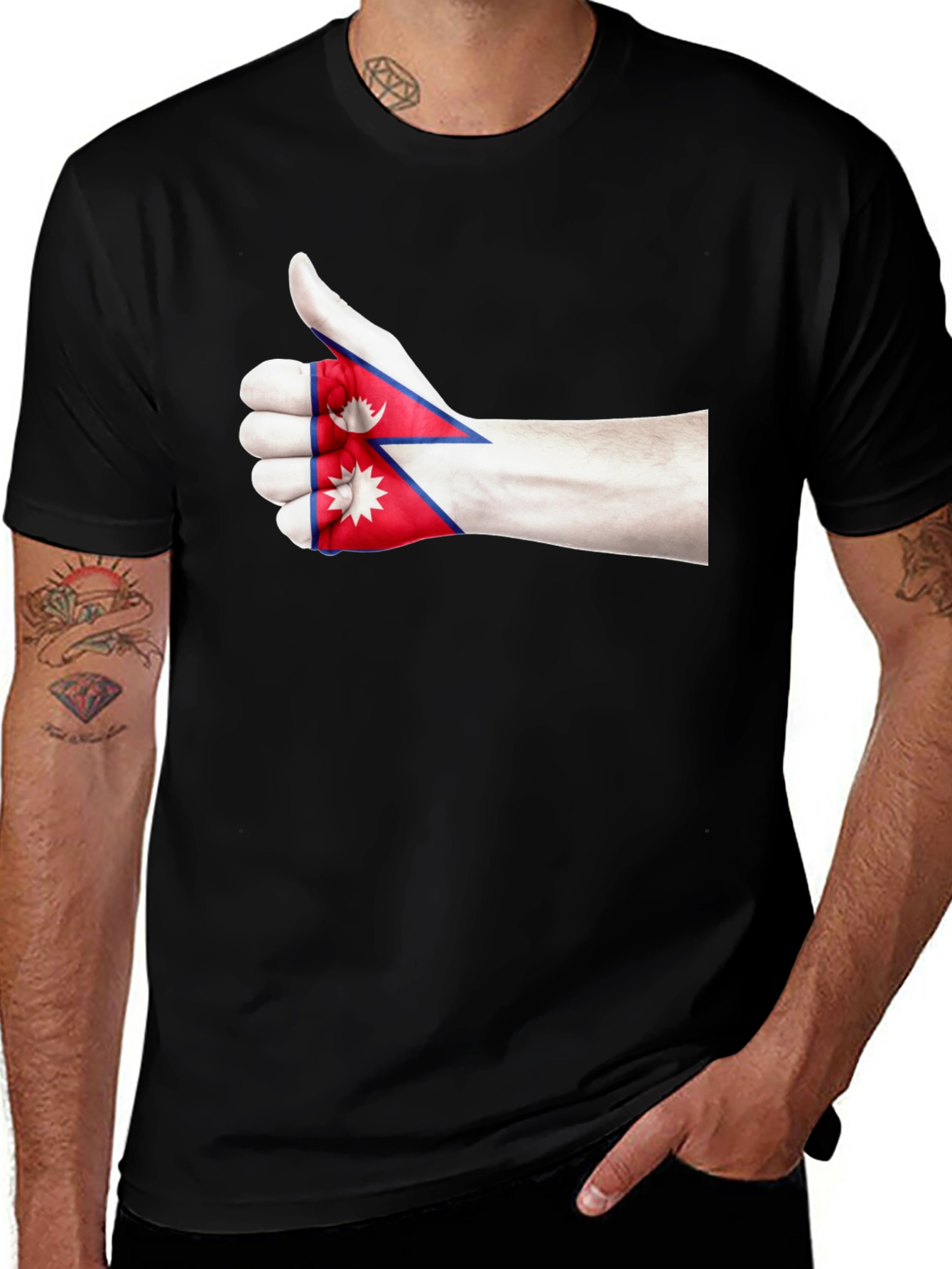 Nepal Flag Thumbs Up Black T-Shirt