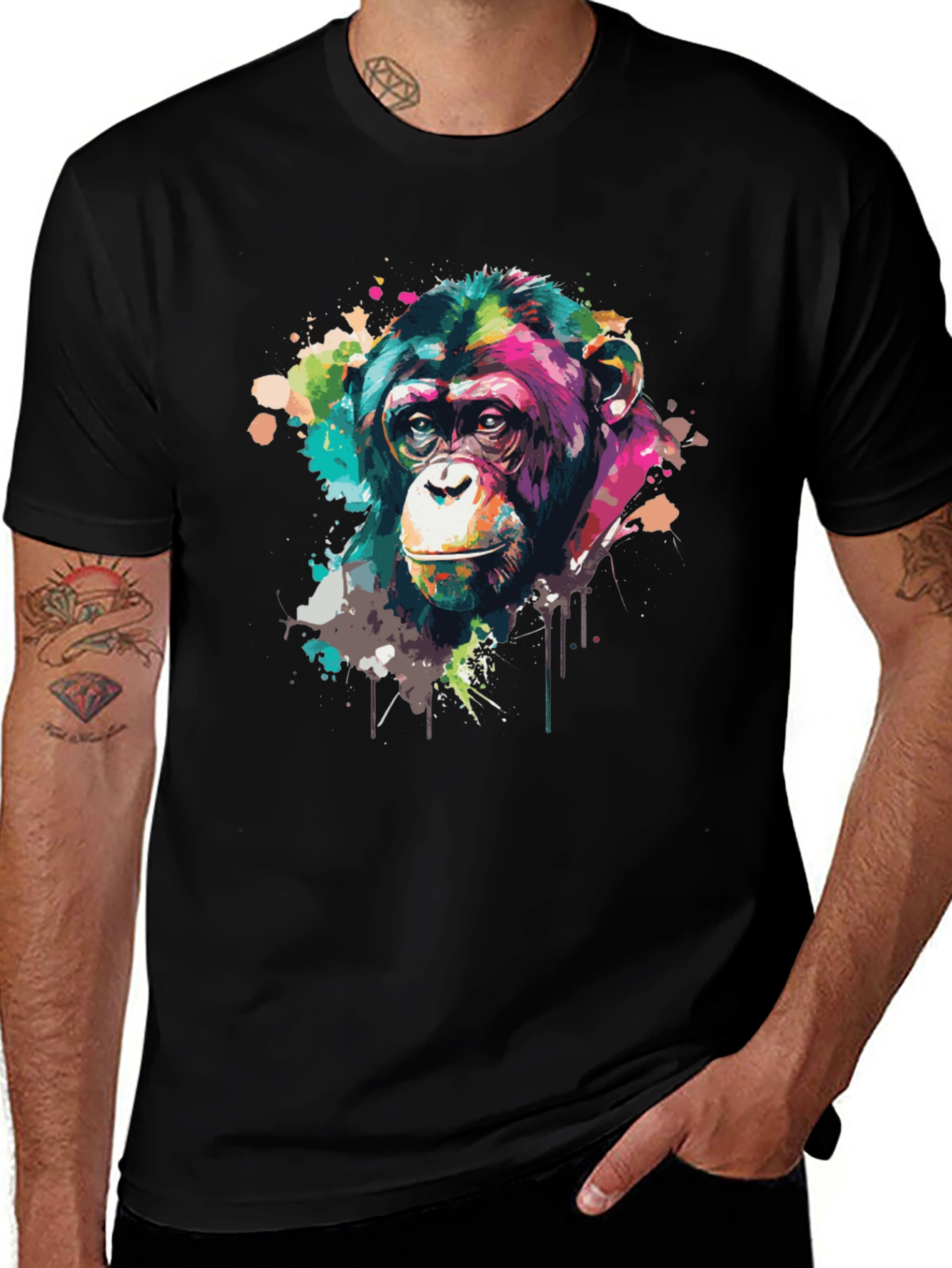Variant 10 of Colorful Chimpanzee Graphic Print Black T-Shirt