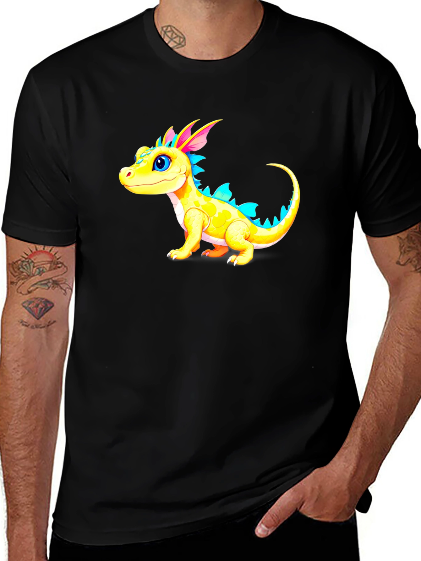 Variant 4 of Cute Cartoon Dragon Graphic Tee - Black