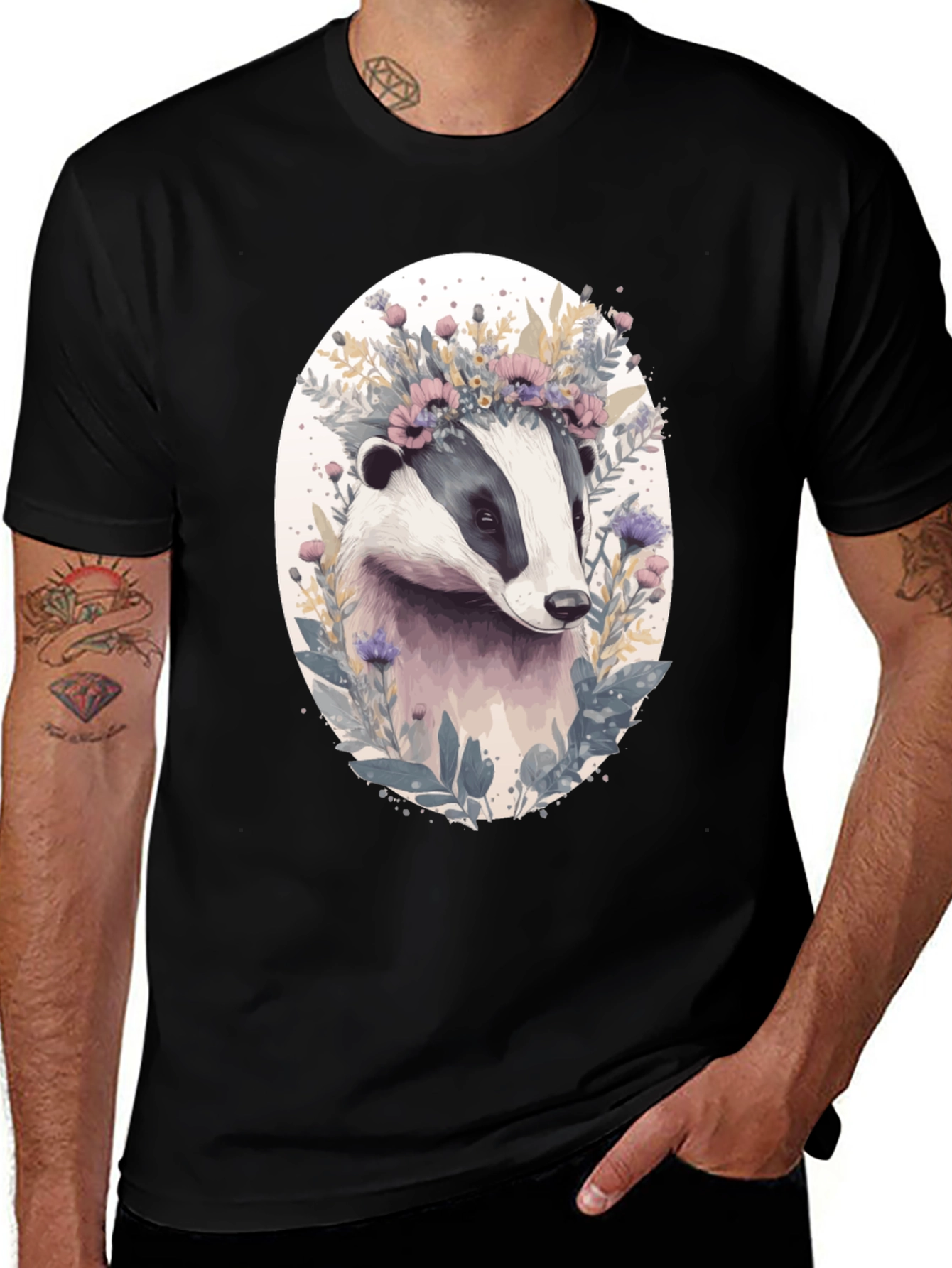 Floral Badger Graphic T-Shirt - Unisex Black Tee