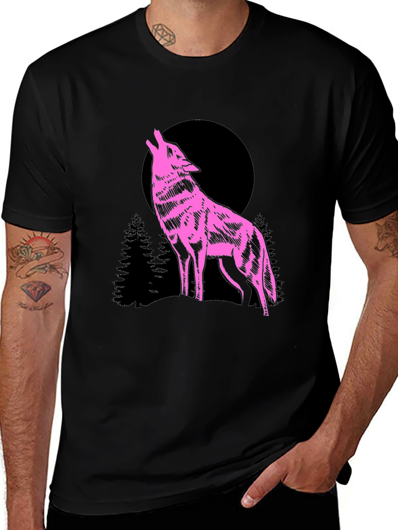 Variant 13 of Wolf Moon Graphic T-Shirt - Pink on Black