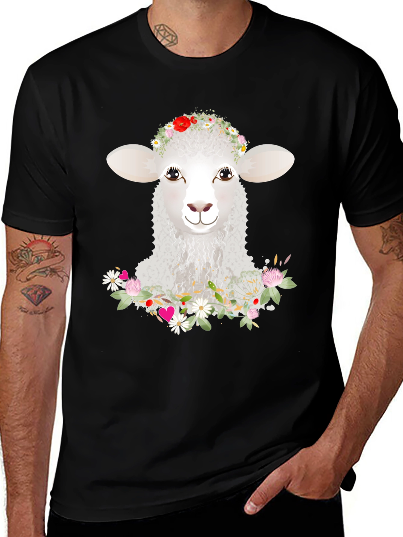 Lamb with Flower Crown T-Shirt - Unisex Black Tee
