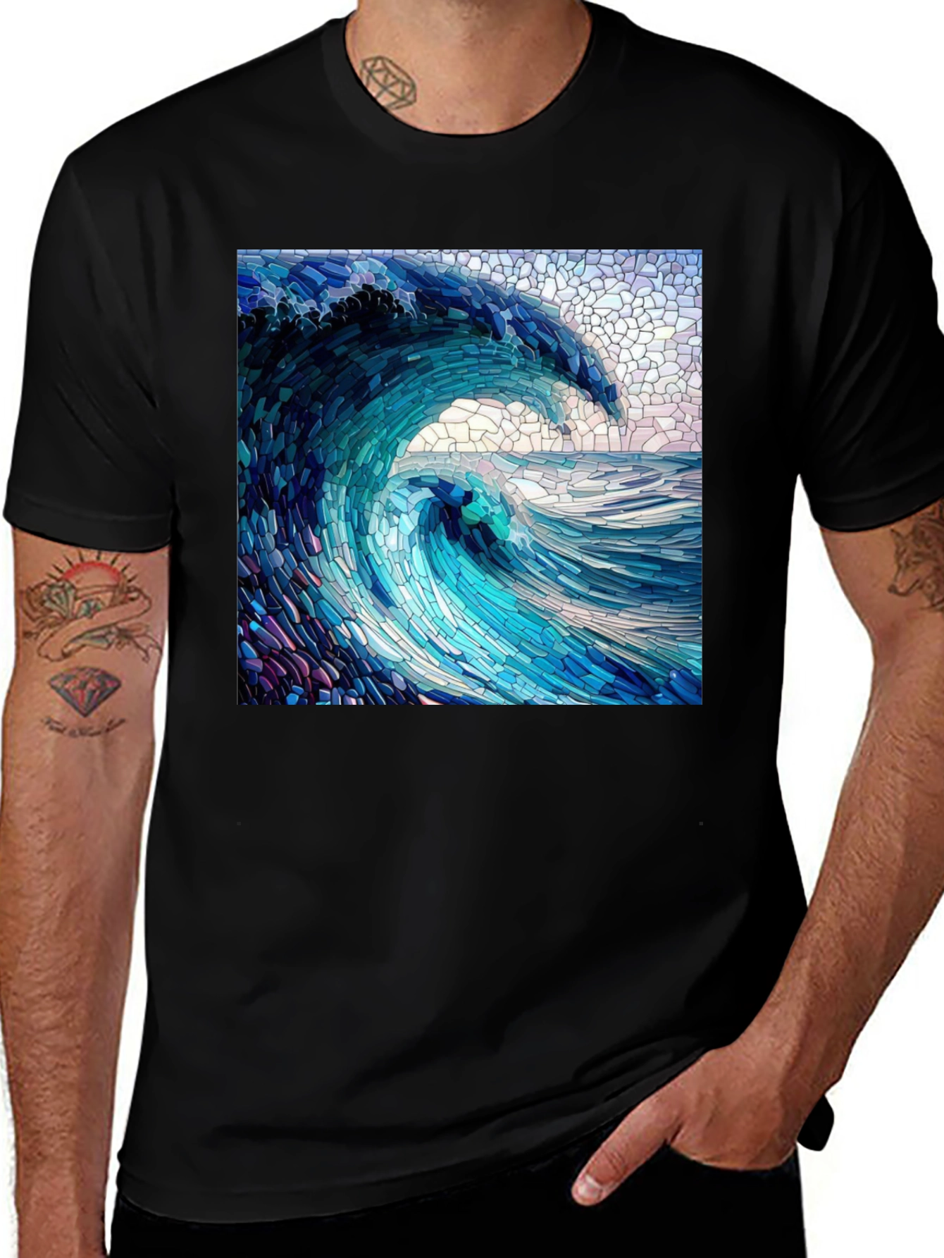 Variant 8 of Ocean Wave Mosaic Graphic Tee - Unique Design