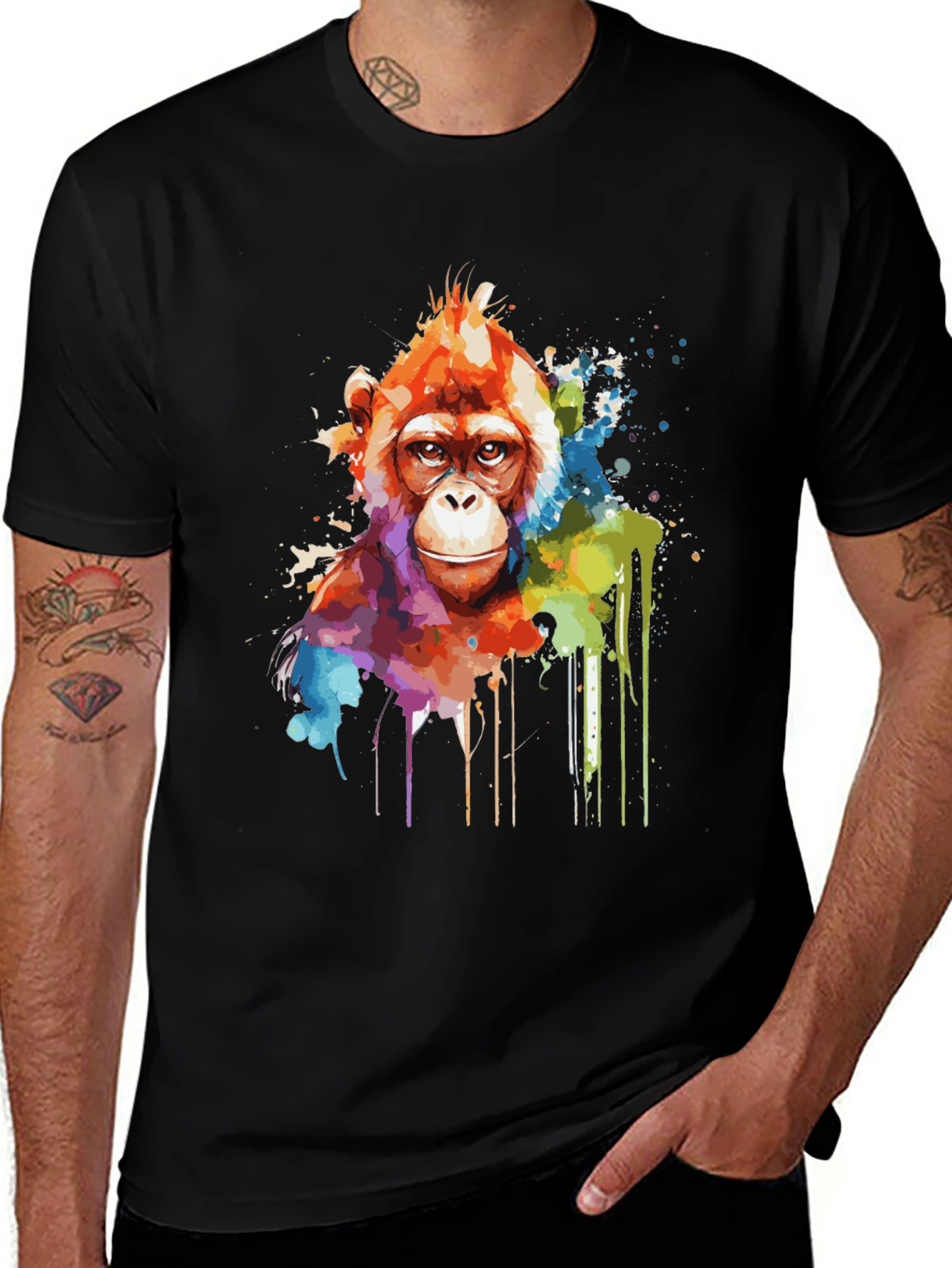 Variant 19 of Watercolor Orangutan Graphic Print Black T-Shirt