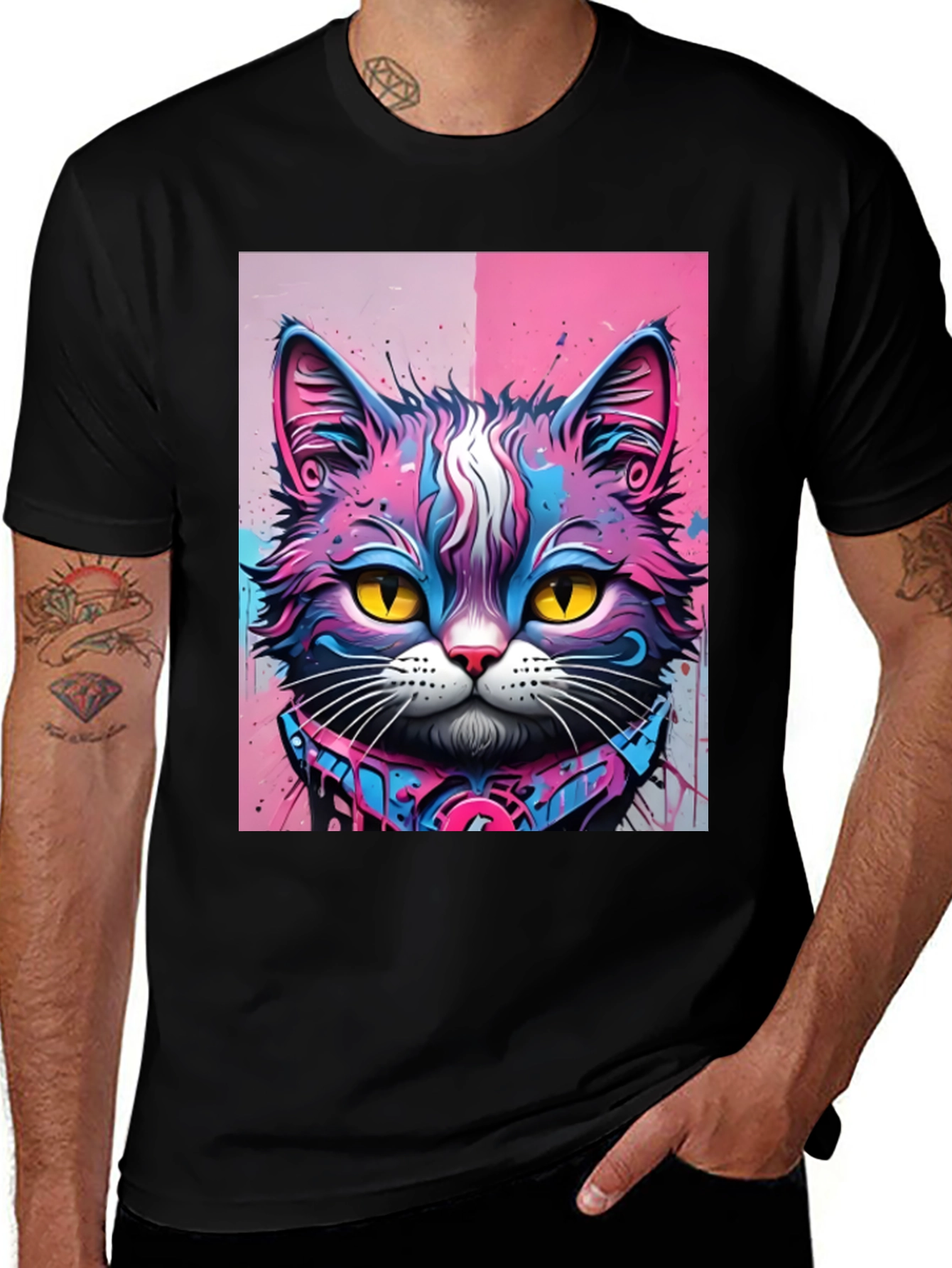 Variant 25 of Neon Cat Graphic Tee - Stylish Black Cotton Shirt