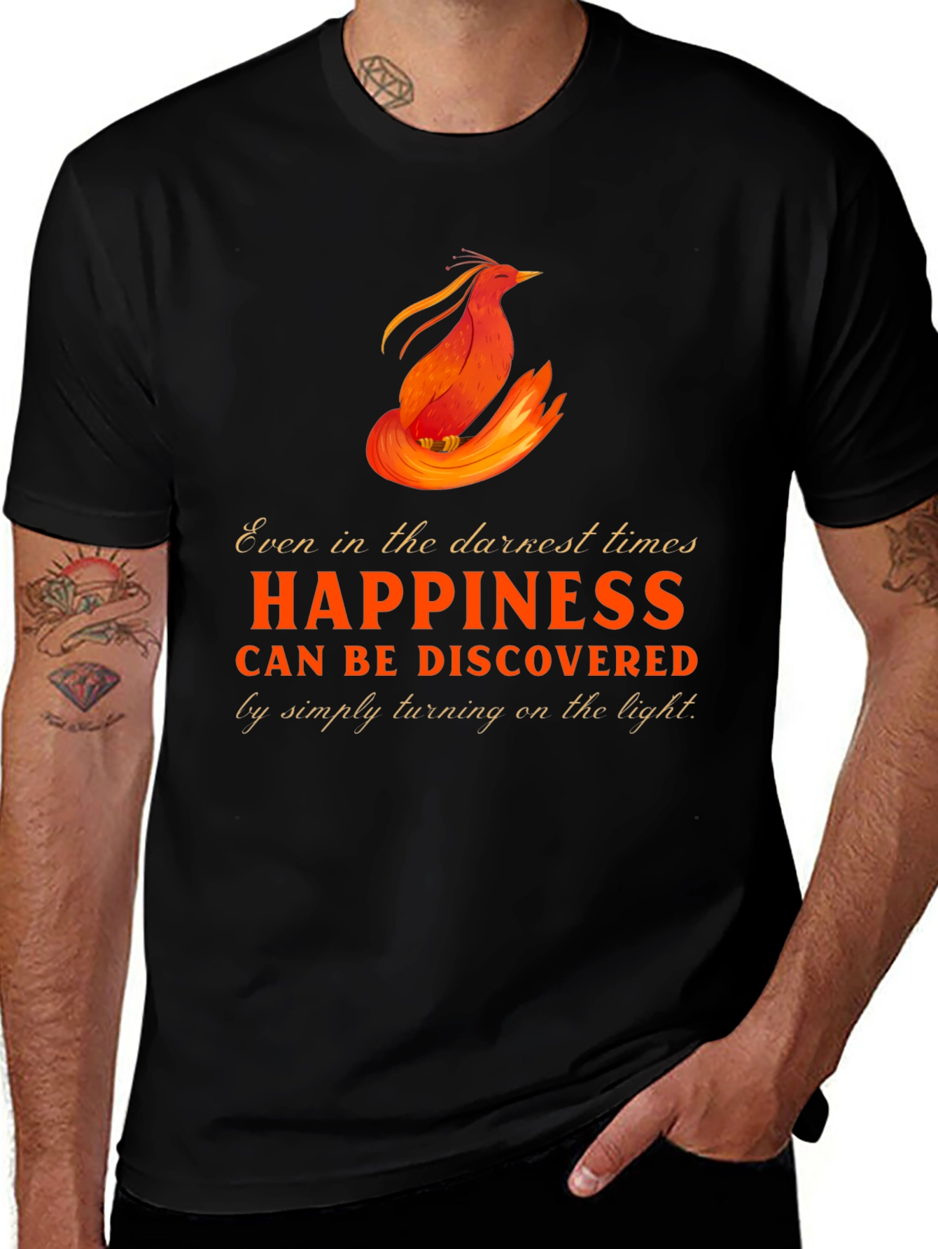 Black Phoenix Happiness Graphic T-Shirt - Inspirational Design main image