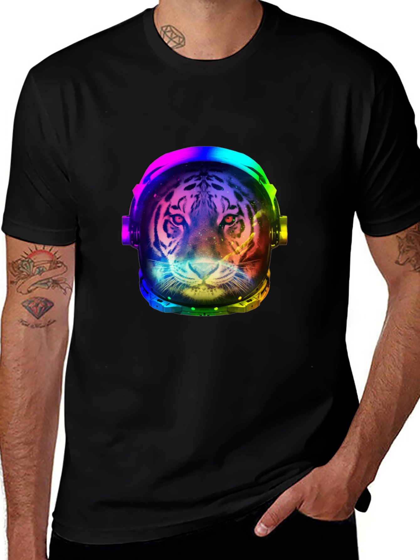 Variant 6 of Tiger Astronaut Graphic Print Black T-Shirt