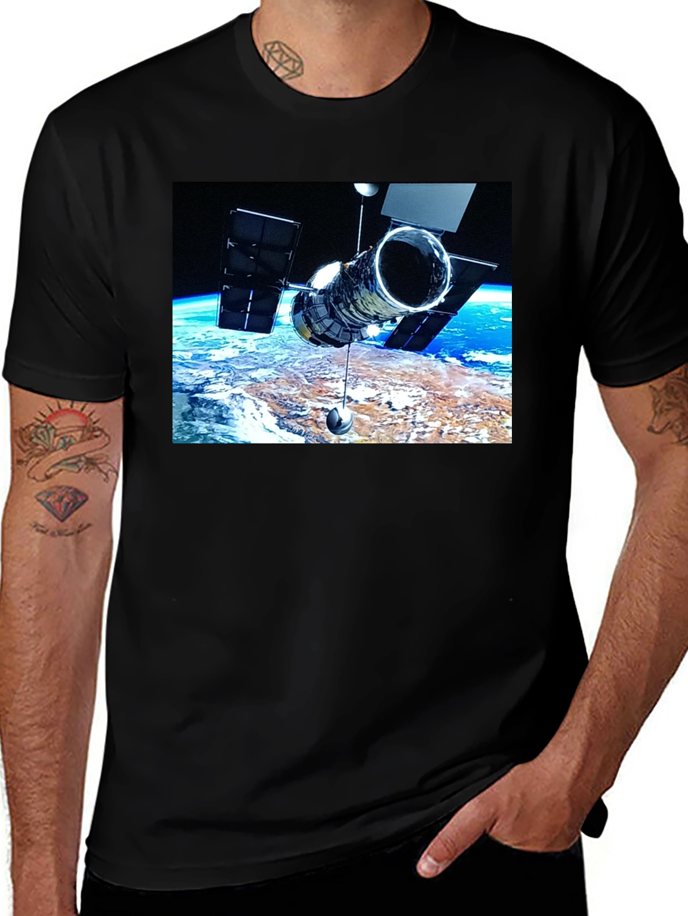 Hubble Telescope Black T-Shirt - Space Exploration Apparel