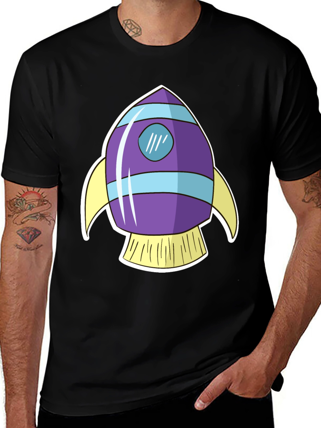 Variant 9 of Rocket Ship Graphic T-Shirt - Black Cotton Blend Casual Tee