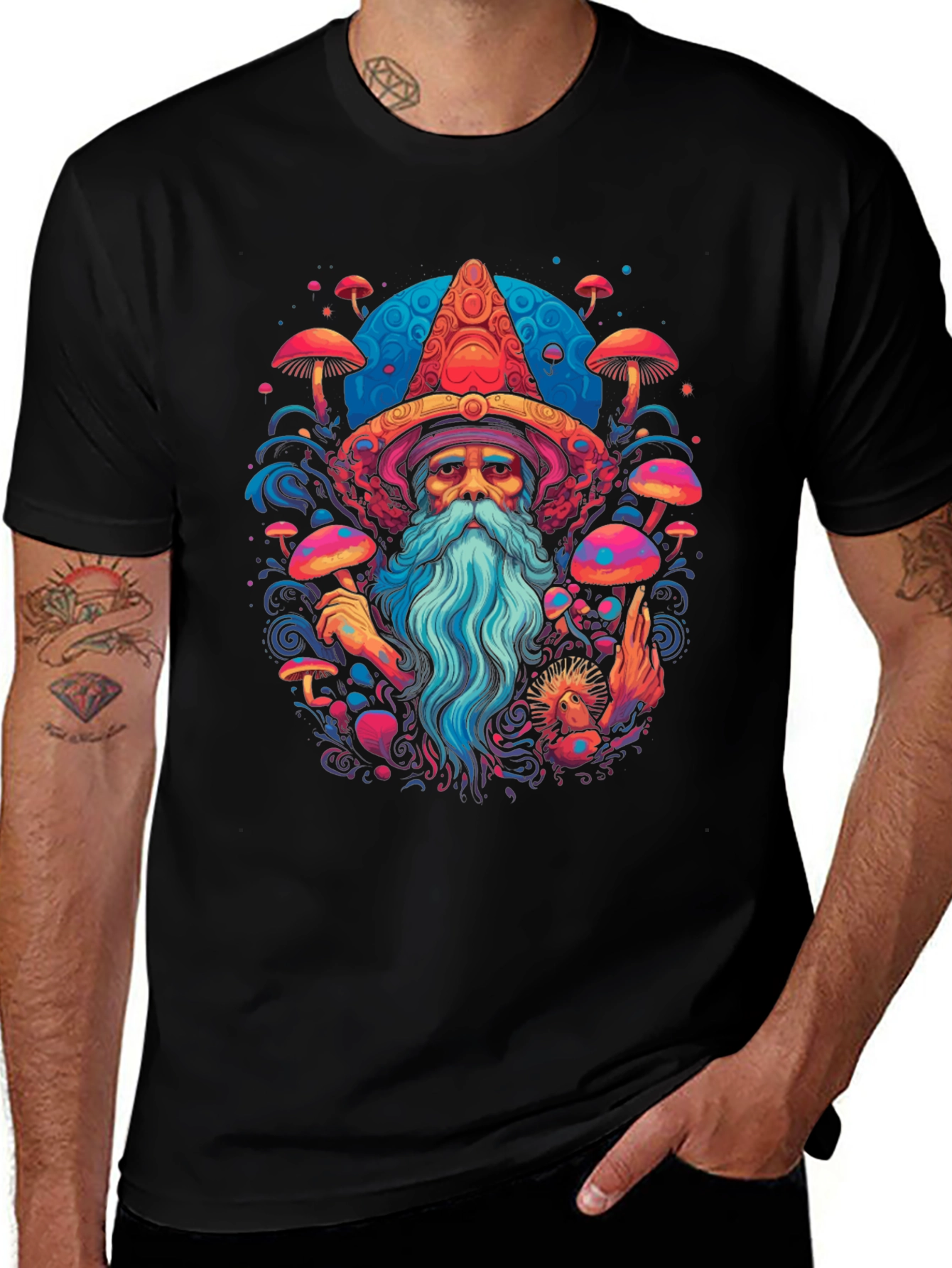 Psychedelic Wizard Graphic Tee - Funky Mushroom Shirt