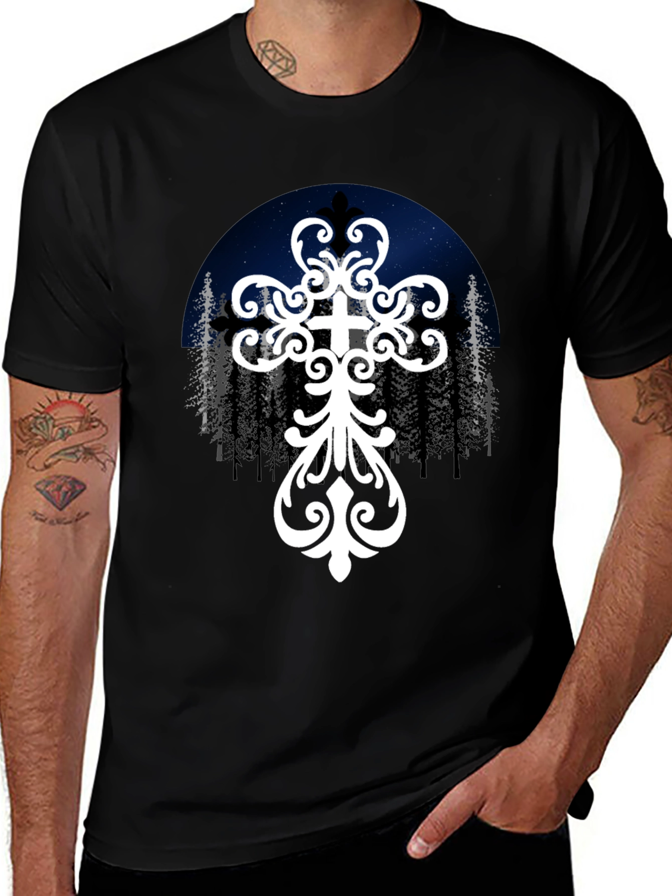 Ornate Cross Graphic Tee - Night Sky Design