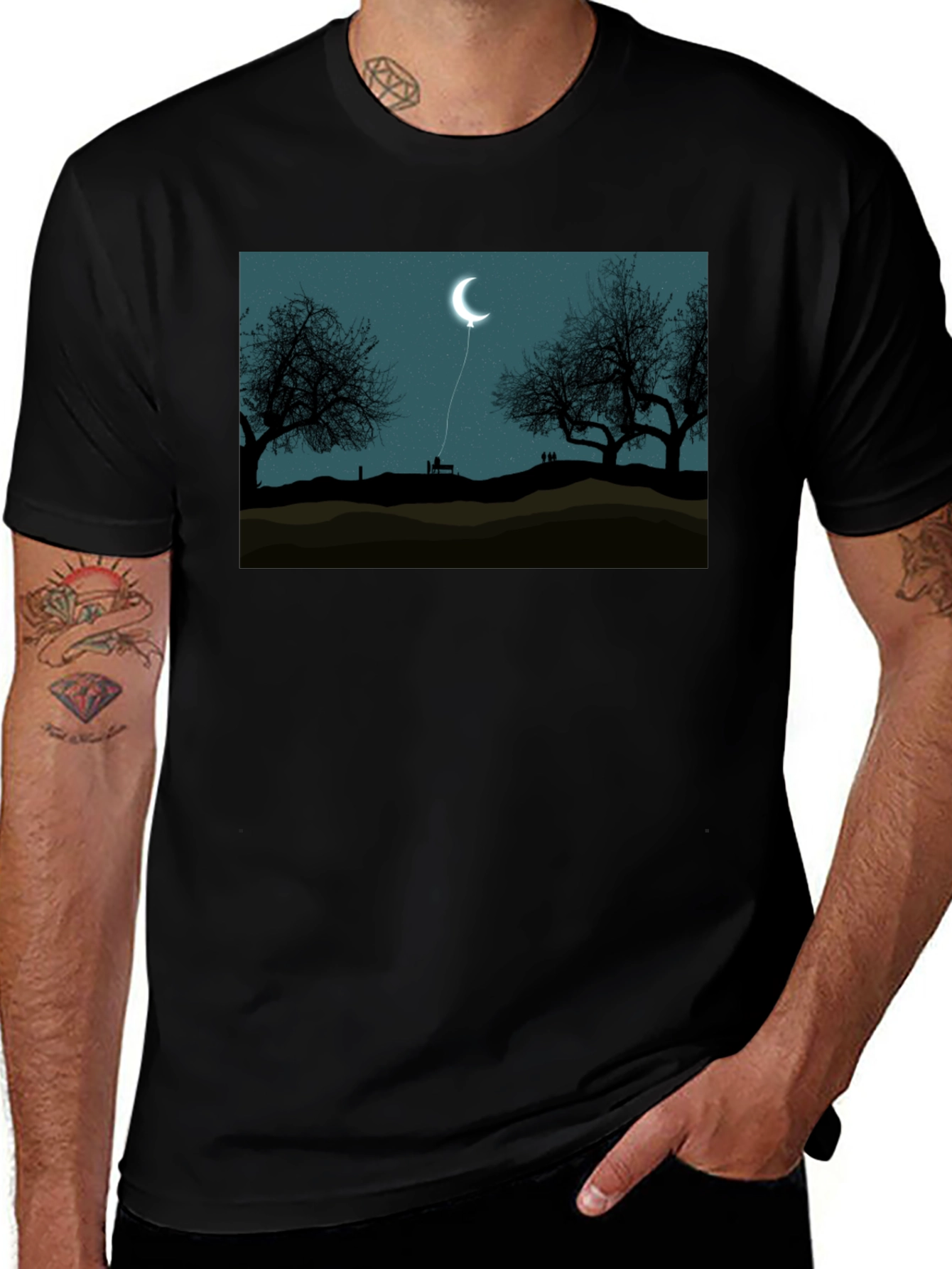 Variant 17 of Moonlit Night Graphic Tee - Black Cotton Blend