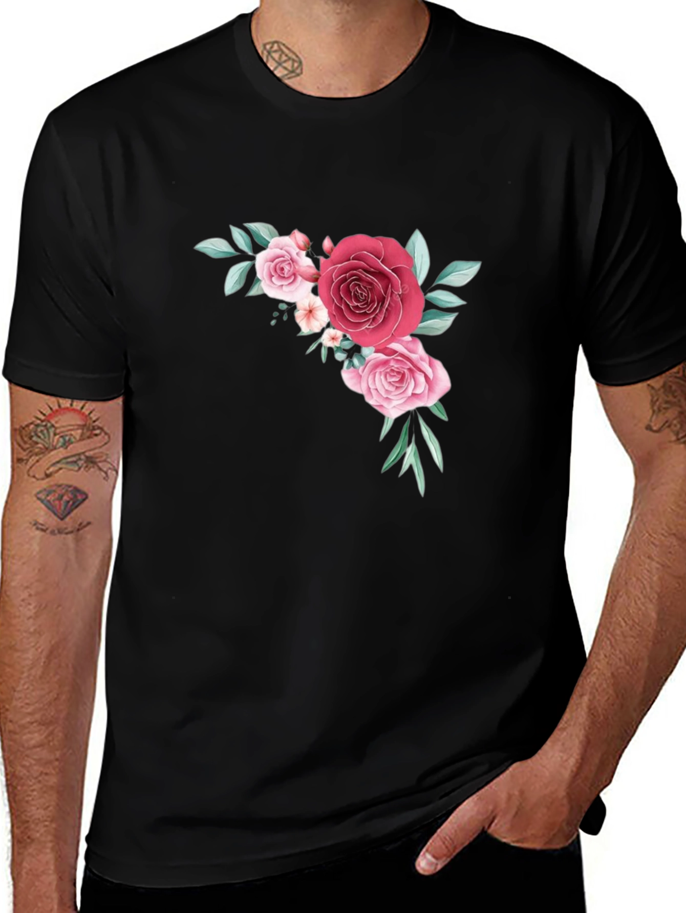 Variant 25 of Floral Rose Graphic Tee - Men's Black T-Shirt