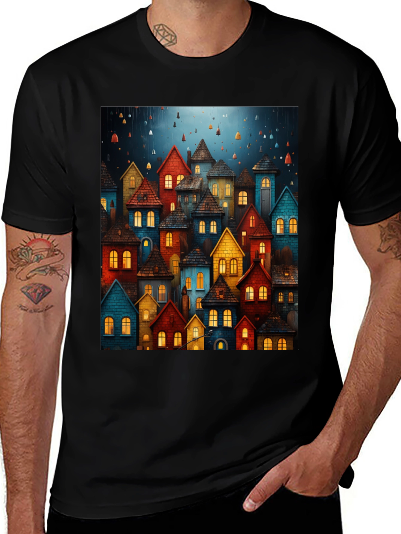 Variant 22 of Whimsical Village Graphic Tee - Unique Artistic Design