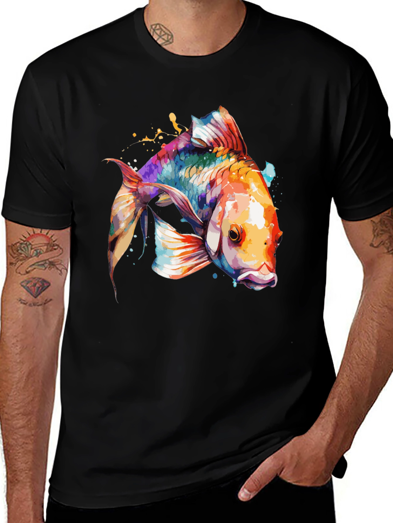 Variant 2 of Watercolor Koi Fish Graphic Tee - Black Cotton Casual Shirt