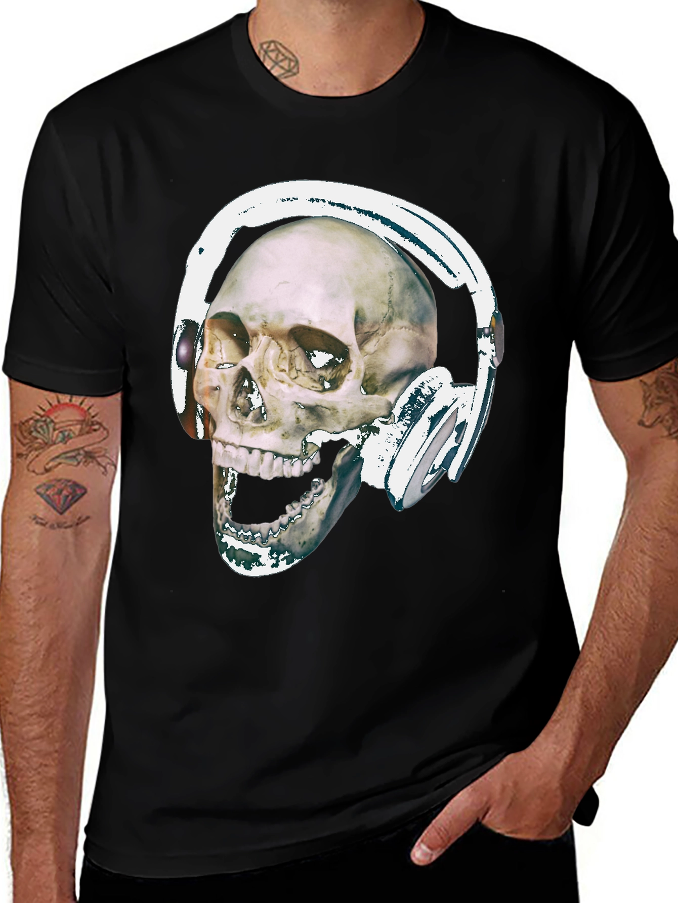 Variant 3 of Skull With Headphones Graphic Tee - Black Cotton