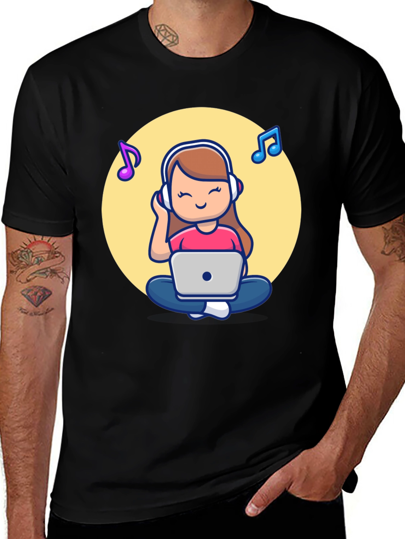 Variant 23 of Cartoon Girl Laptop T-Shirt - Black Casual Tee