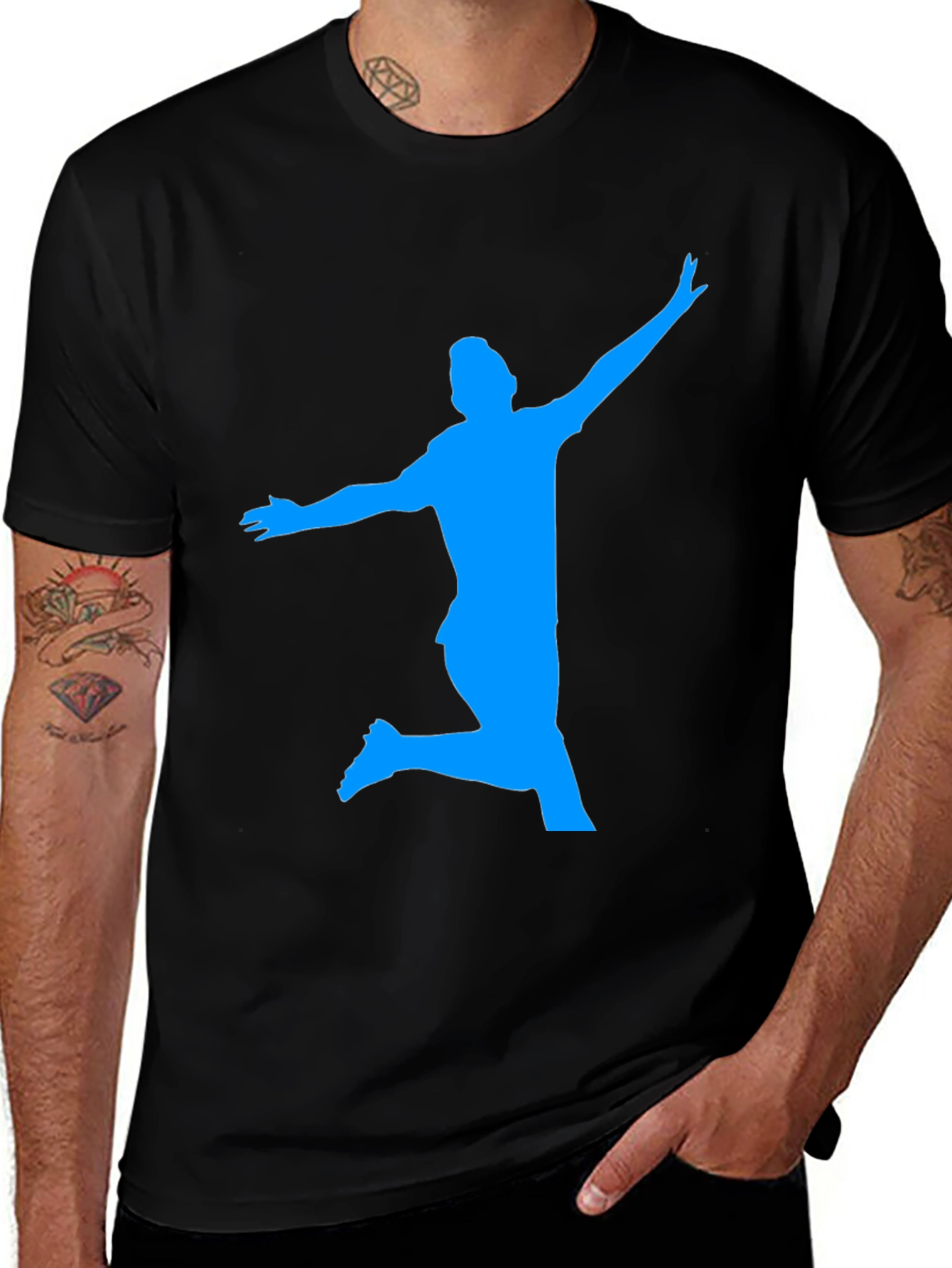 Variant 2 of Man's Black T-Shirt with Blue Silhouette Design