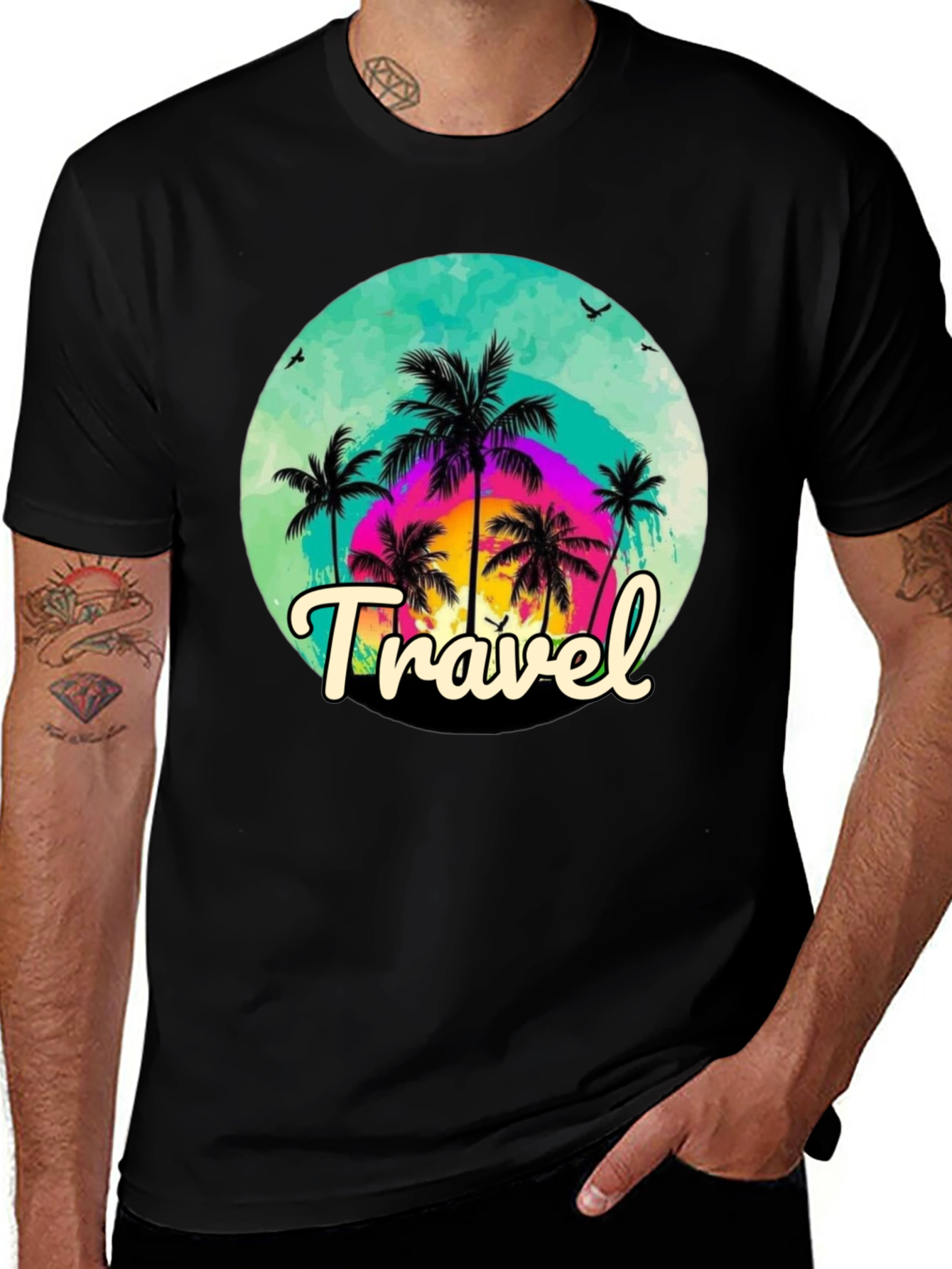 Variant 21 of Travel Palm Tree Graphic Black T-Shirt