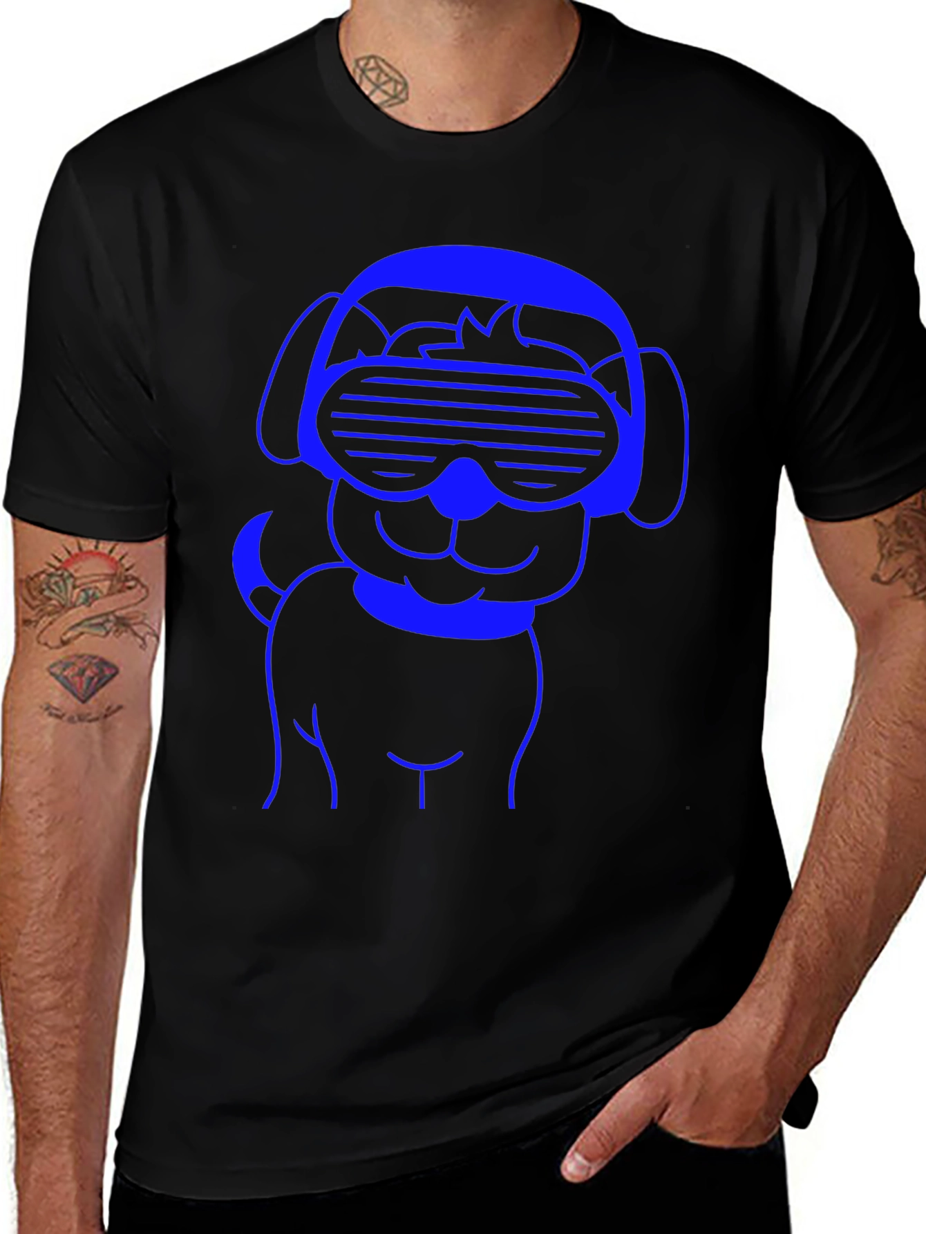 Cool Dog T-Shirt - Blue Line Art on Black