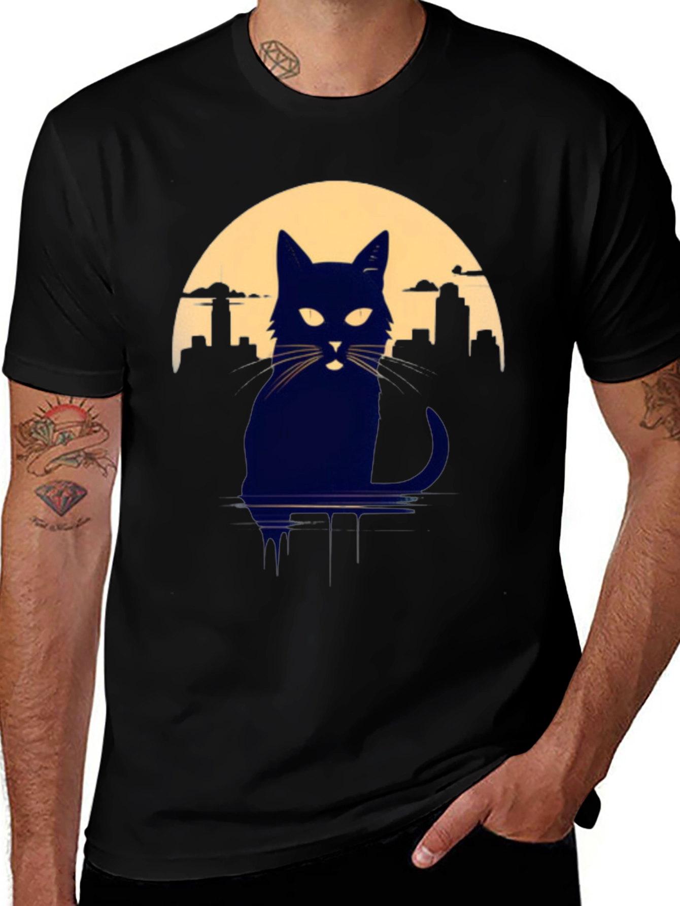 Variant 11 of Cat Silhouette T-Shirt - Cityscape Moon Graphic Tee
