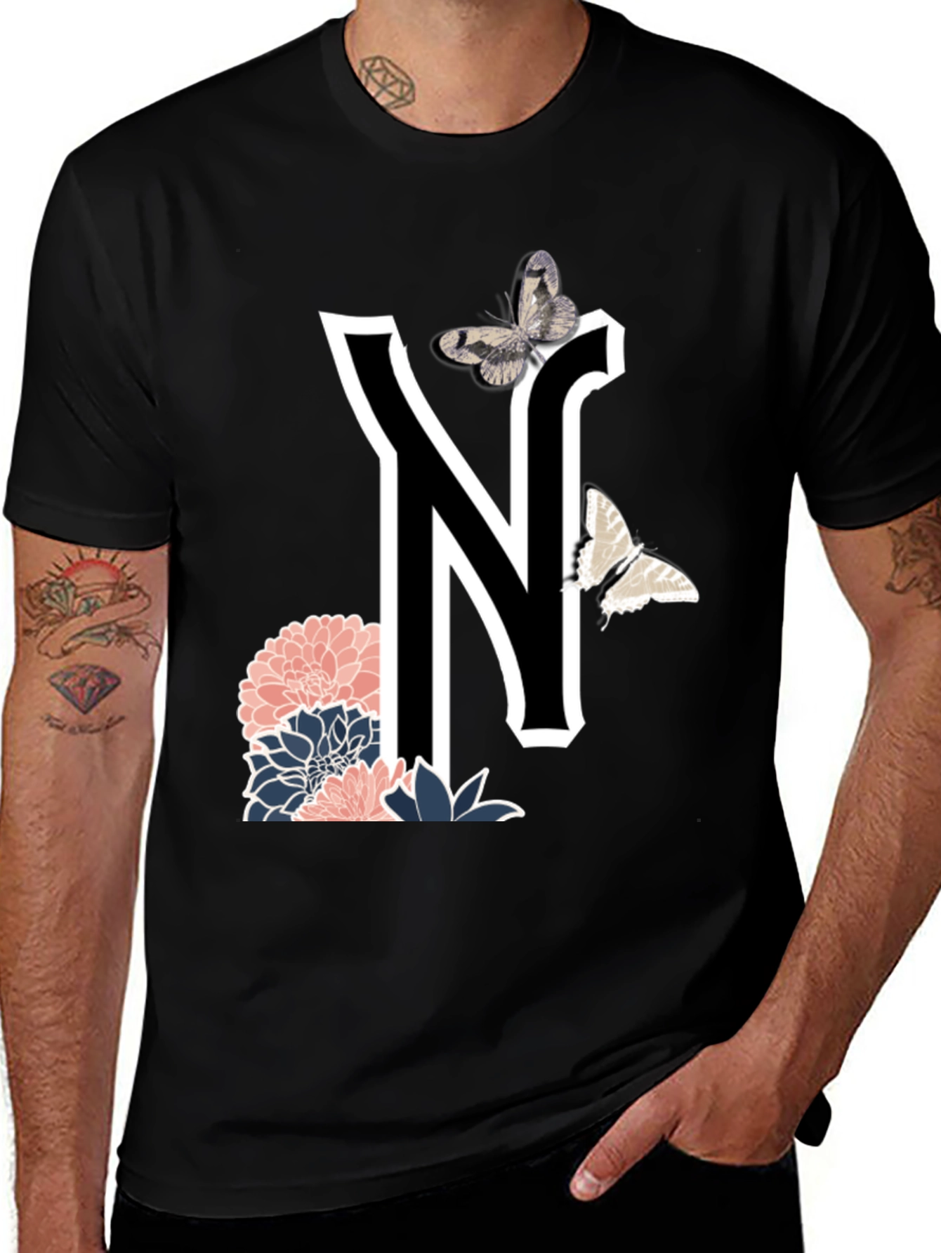 Letter N Floral Butterfly T-Shirt