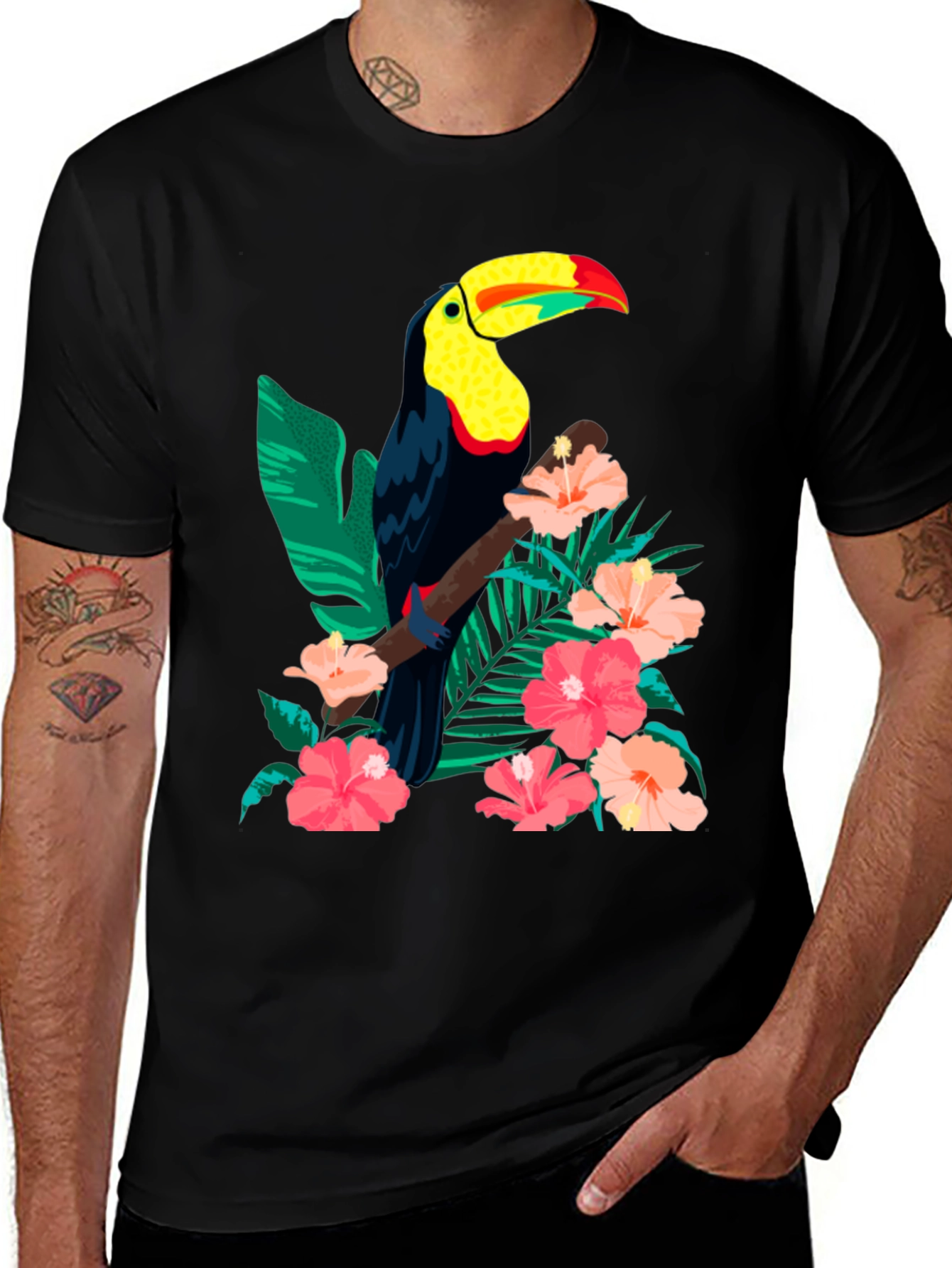 Variant 11 of Toucan & Floral Print Black T-Shirt