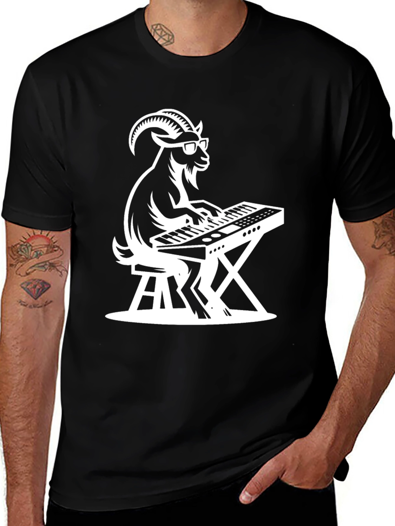 Variant 11 of Goat Keyboardist Graphic Tee - Black Cotton Shirt