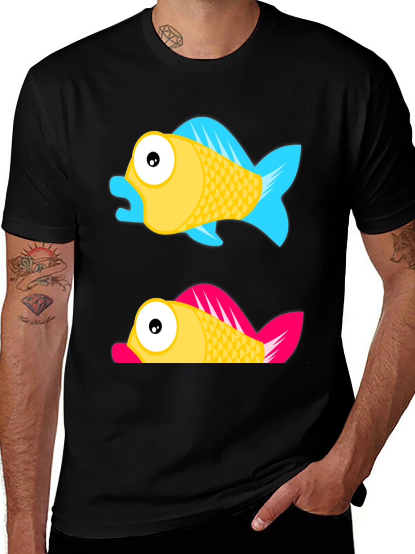 Variant 10 of Cartoon Fish Graphic Tee - Black Cotton Shirt