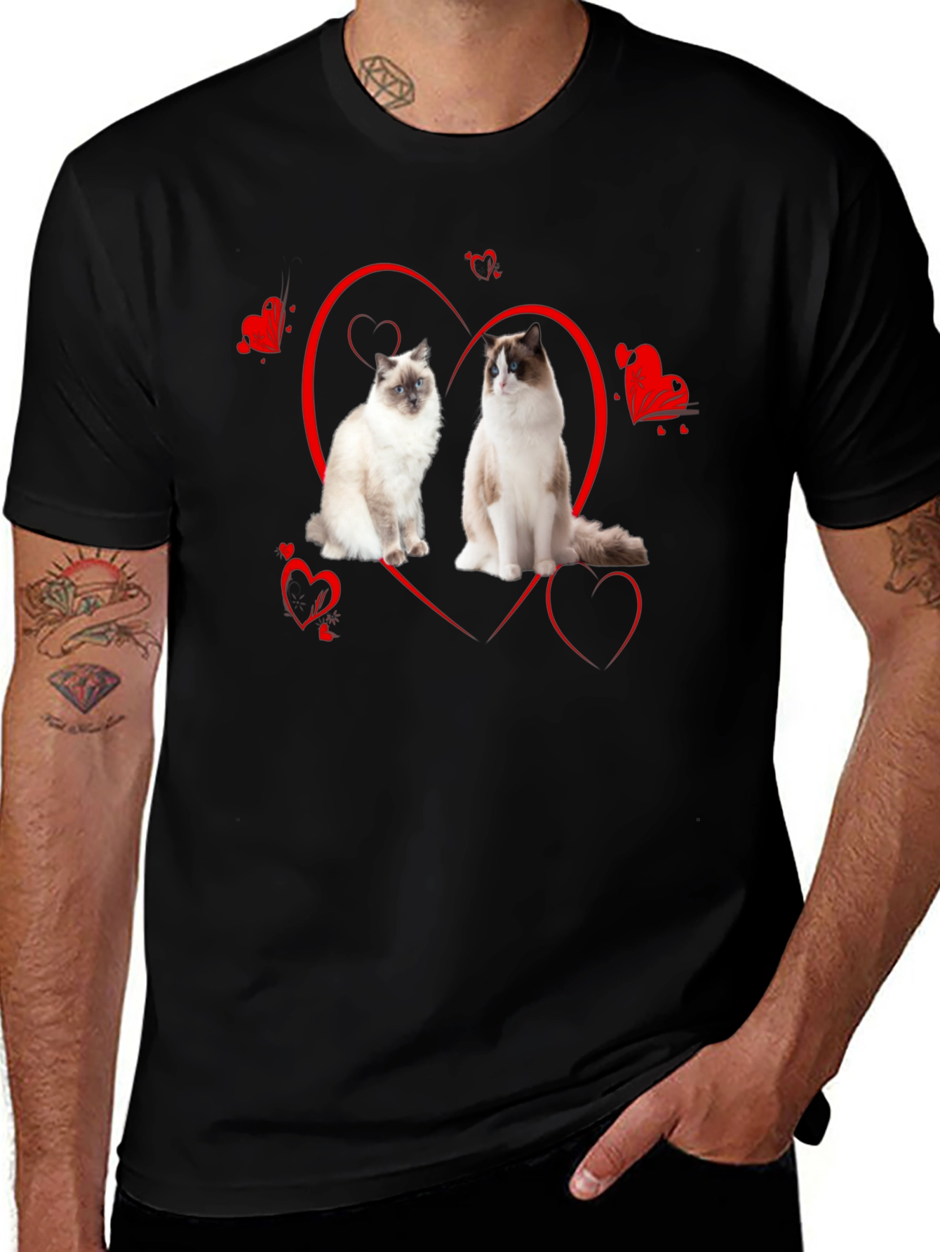Cute Ragdoll Cats Heart Valentine's Day Black T-Shirt