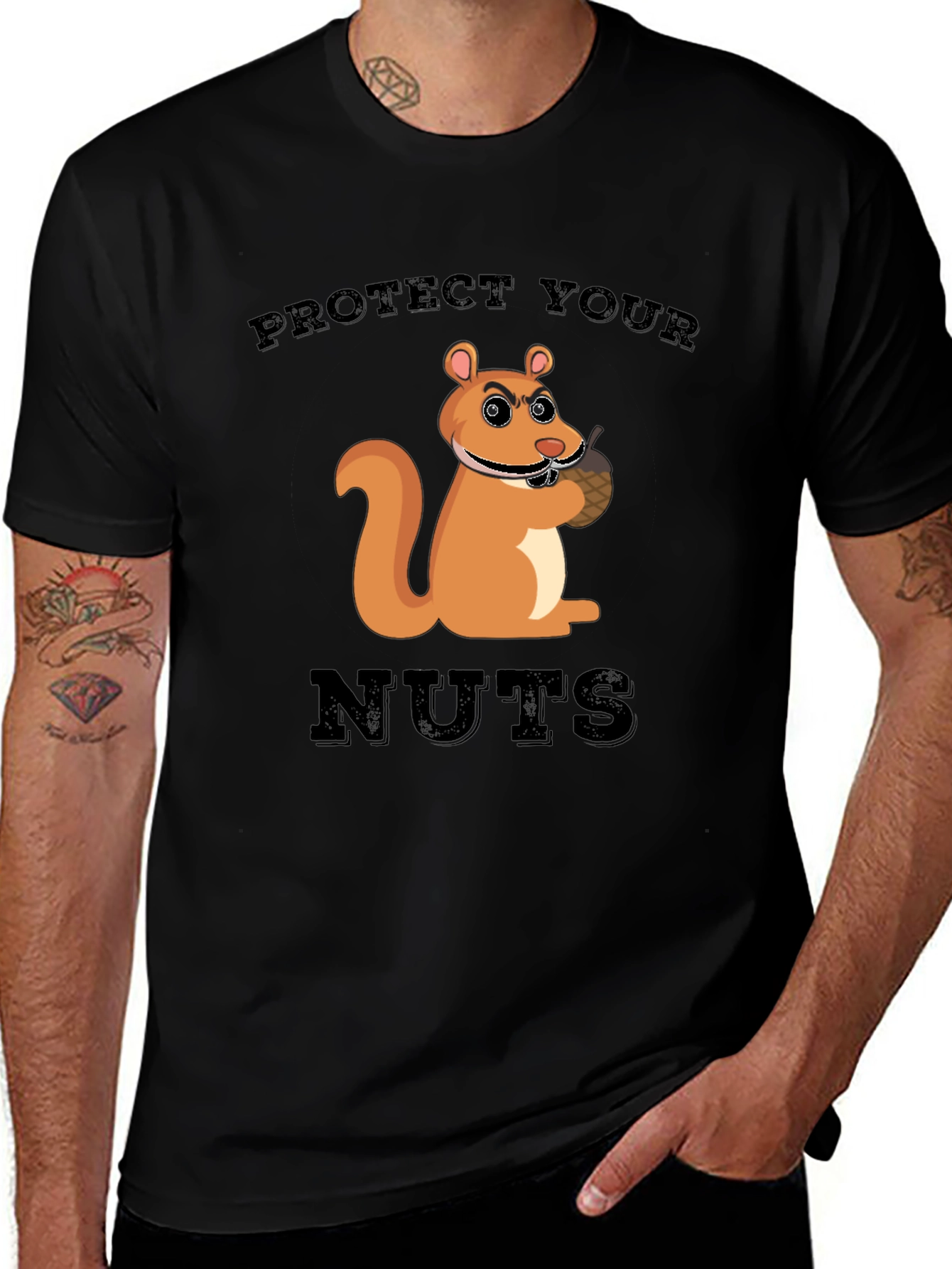 Variant 29 of Protect Your Nuts Squirrel Graphic Tee - Black Cotton