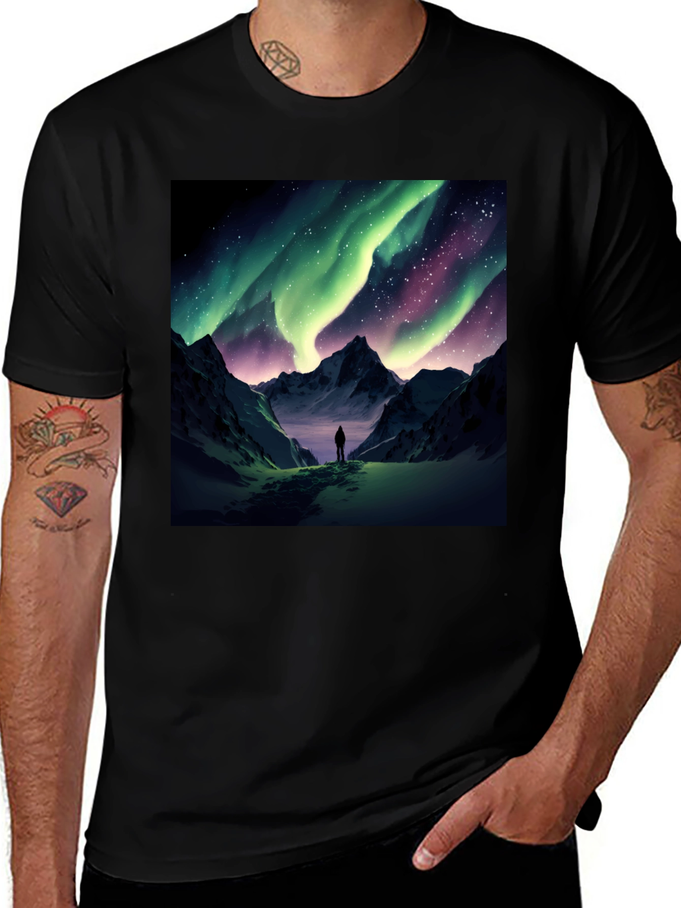 Variant 18 of Aurora Borealis Graphic Tee - Night Sky Mountain Print