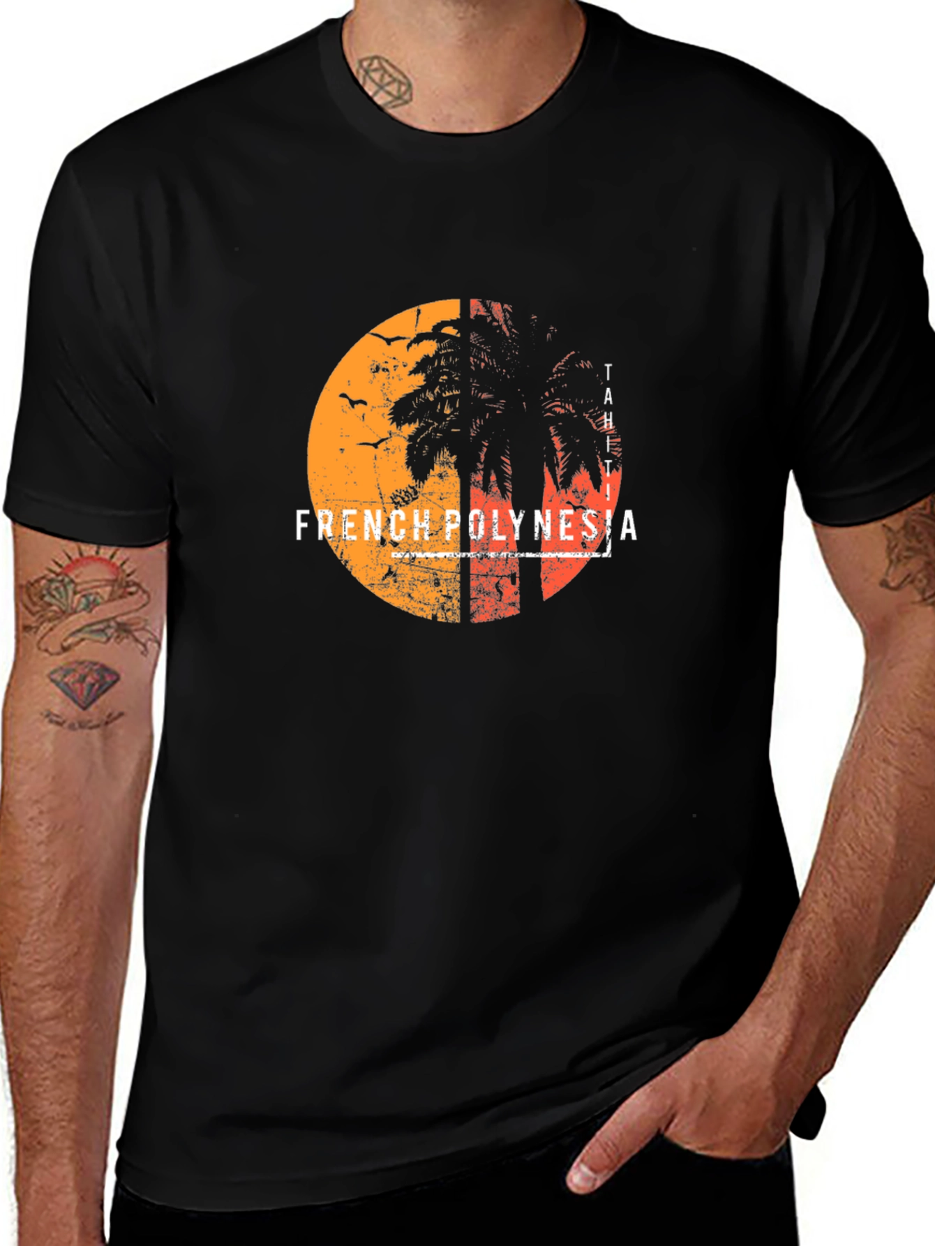 Variant 17 of French Polynesia Graphic Tee - Sunset Palm Design