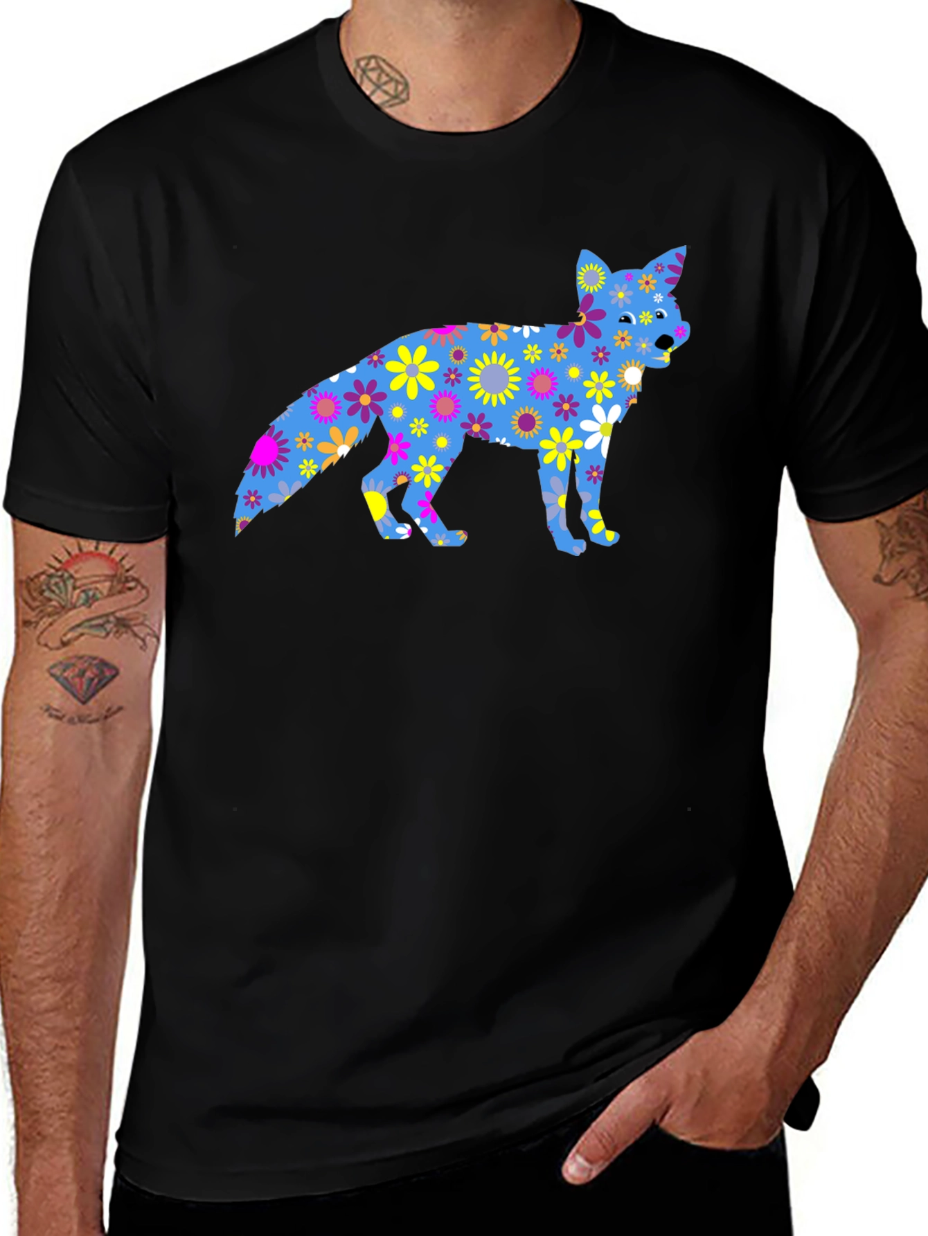 Variant 25 of Floral Fox Graphic Tee - Black Cotton T-Shirt