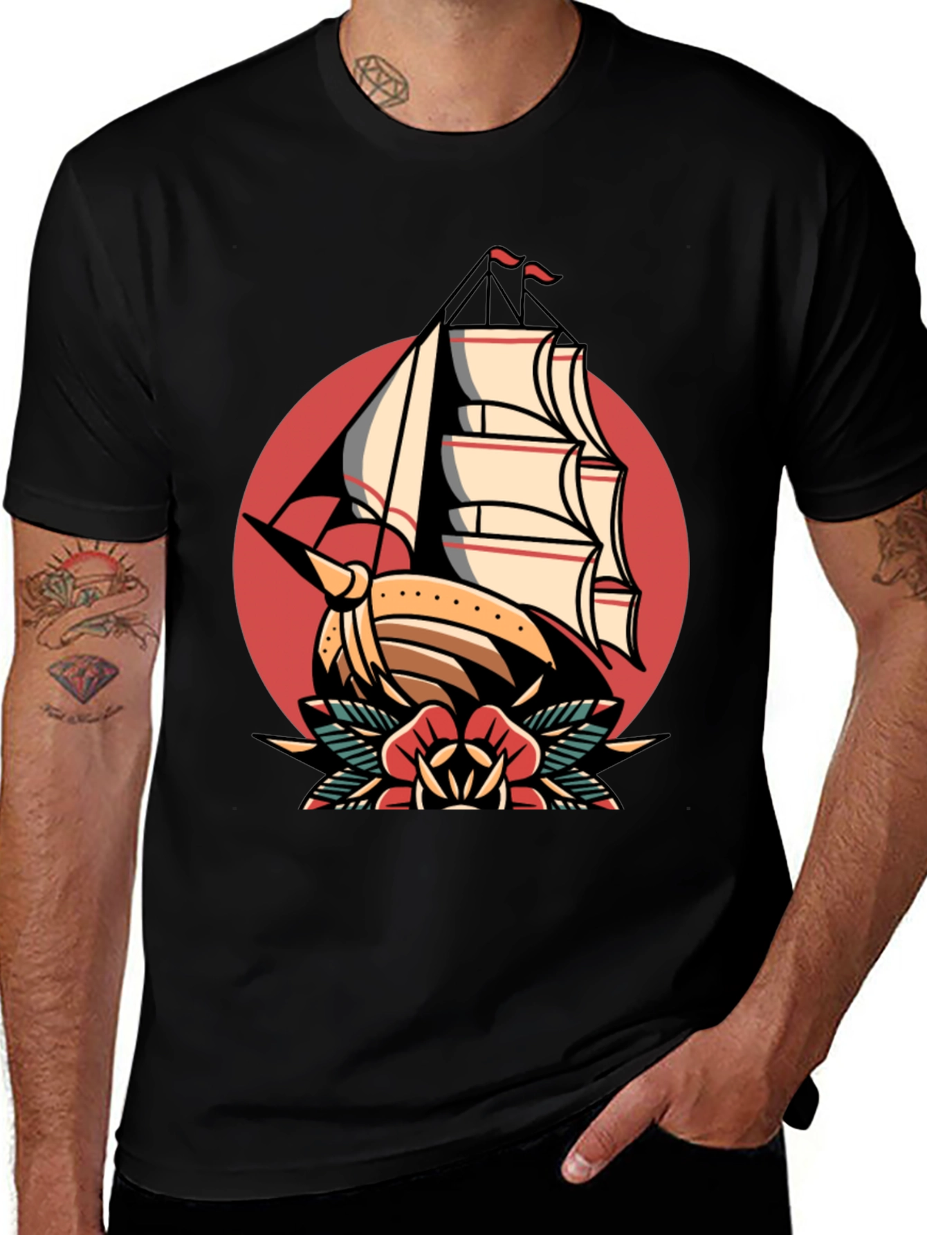 Variant 23 of Nautical Tattoo Style Ship Graphic Tee - Black